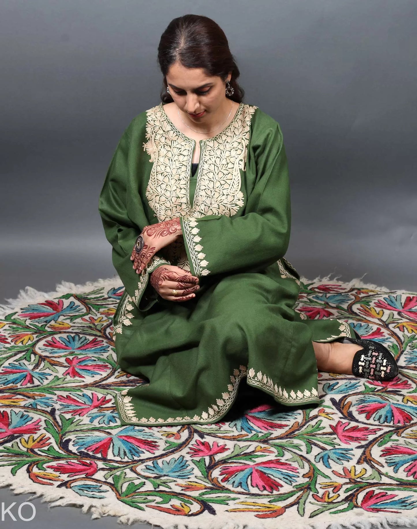 Bottle Green Aari Embroidered Pheran