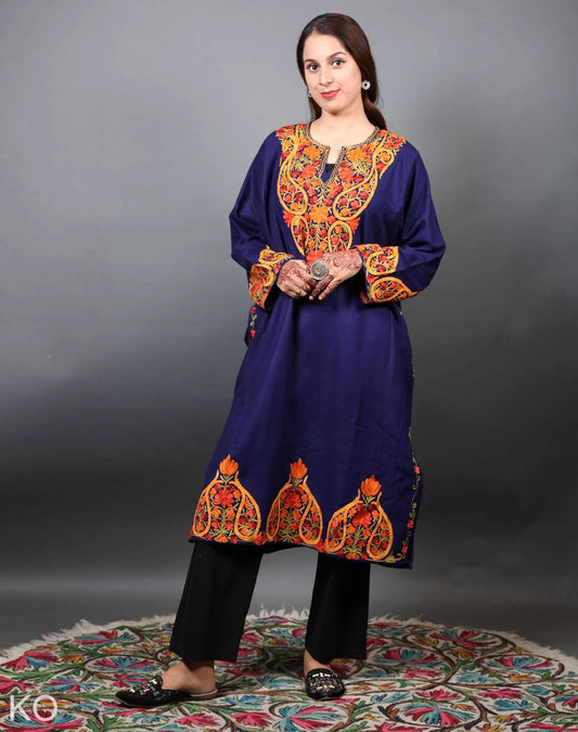 Blue Badam Design Aari Embroidered Phiran