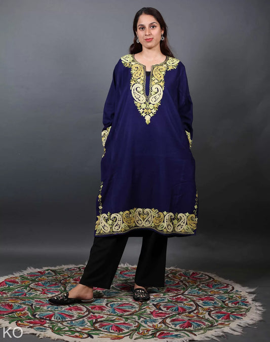 Blue Aari Embroidered Badam daar Design Phiran