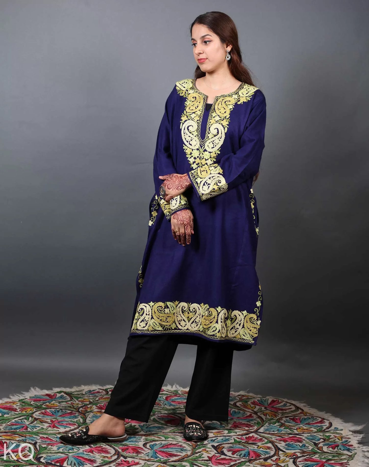 Blue Aari Embroidered Badam daar Design Phiran