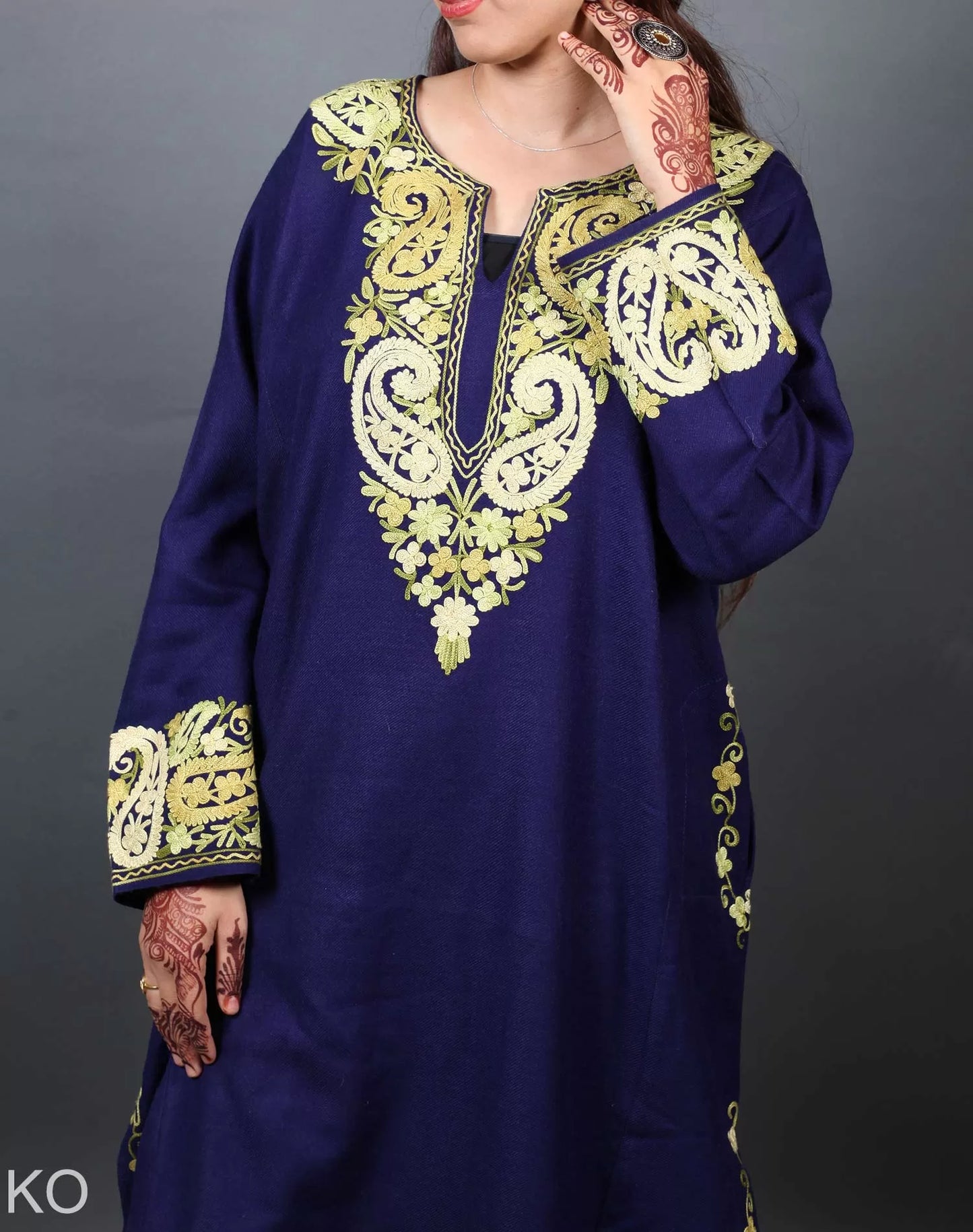 Blue Aari Embroidered Badam daar Design Phiran