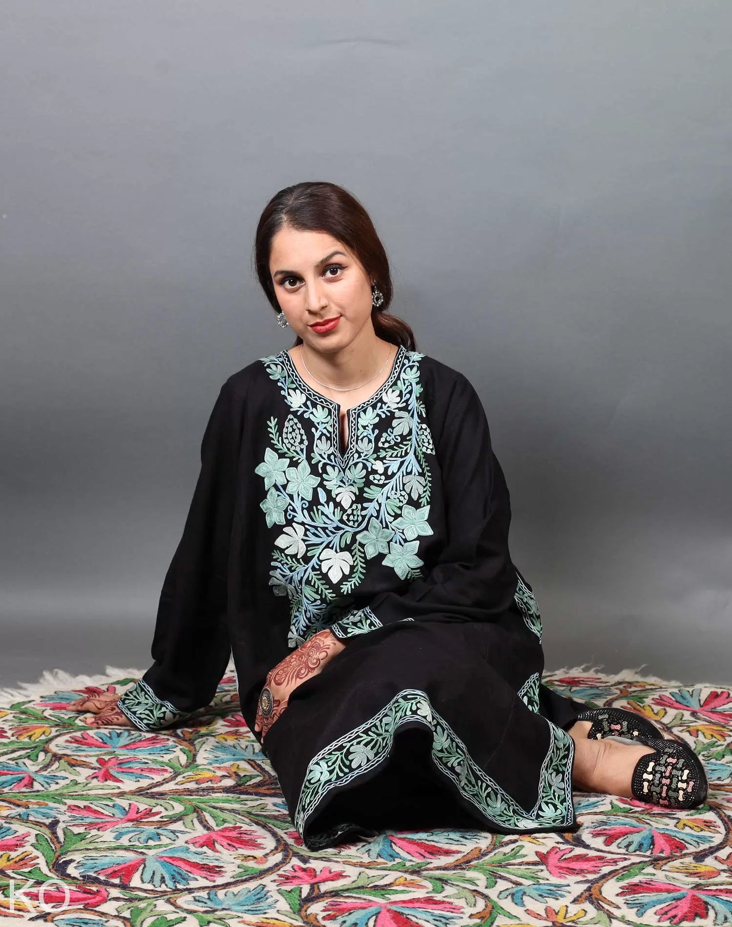 Black and Green Aari Embroidered Phiran