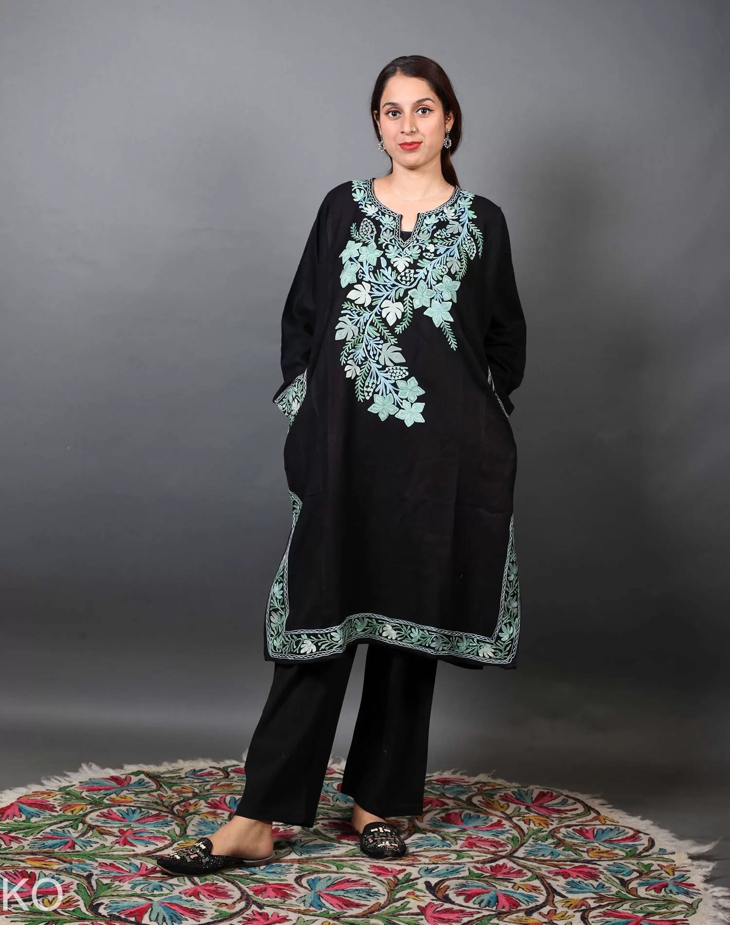 Black and Green Aari Embroidered Phiran