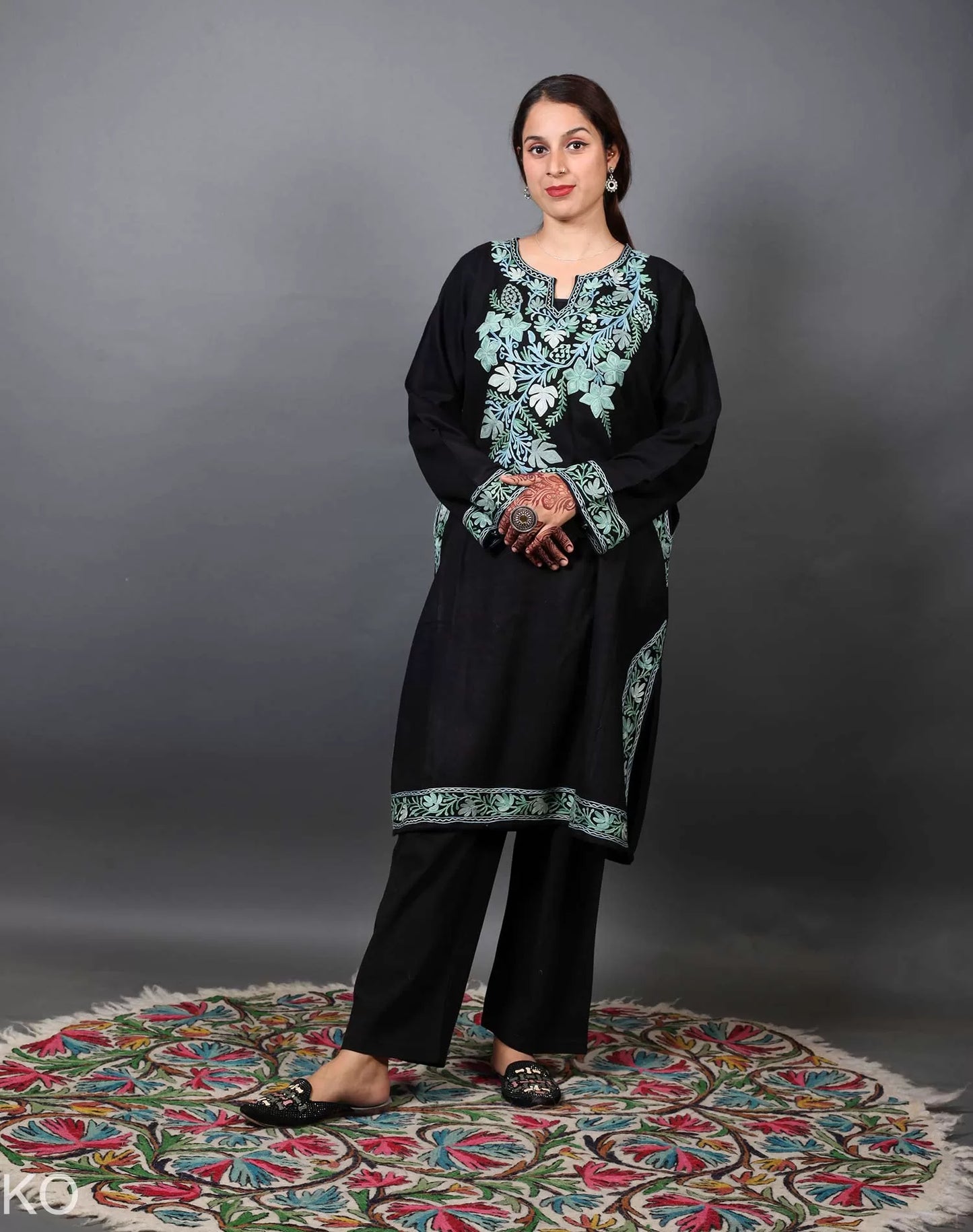 Black and Green Aari Embroidered Phiran