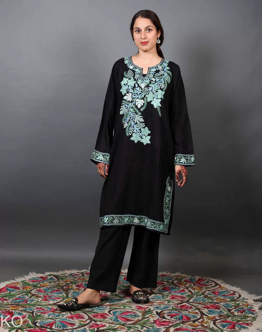 Black and Green Aari Embroidered Phiran