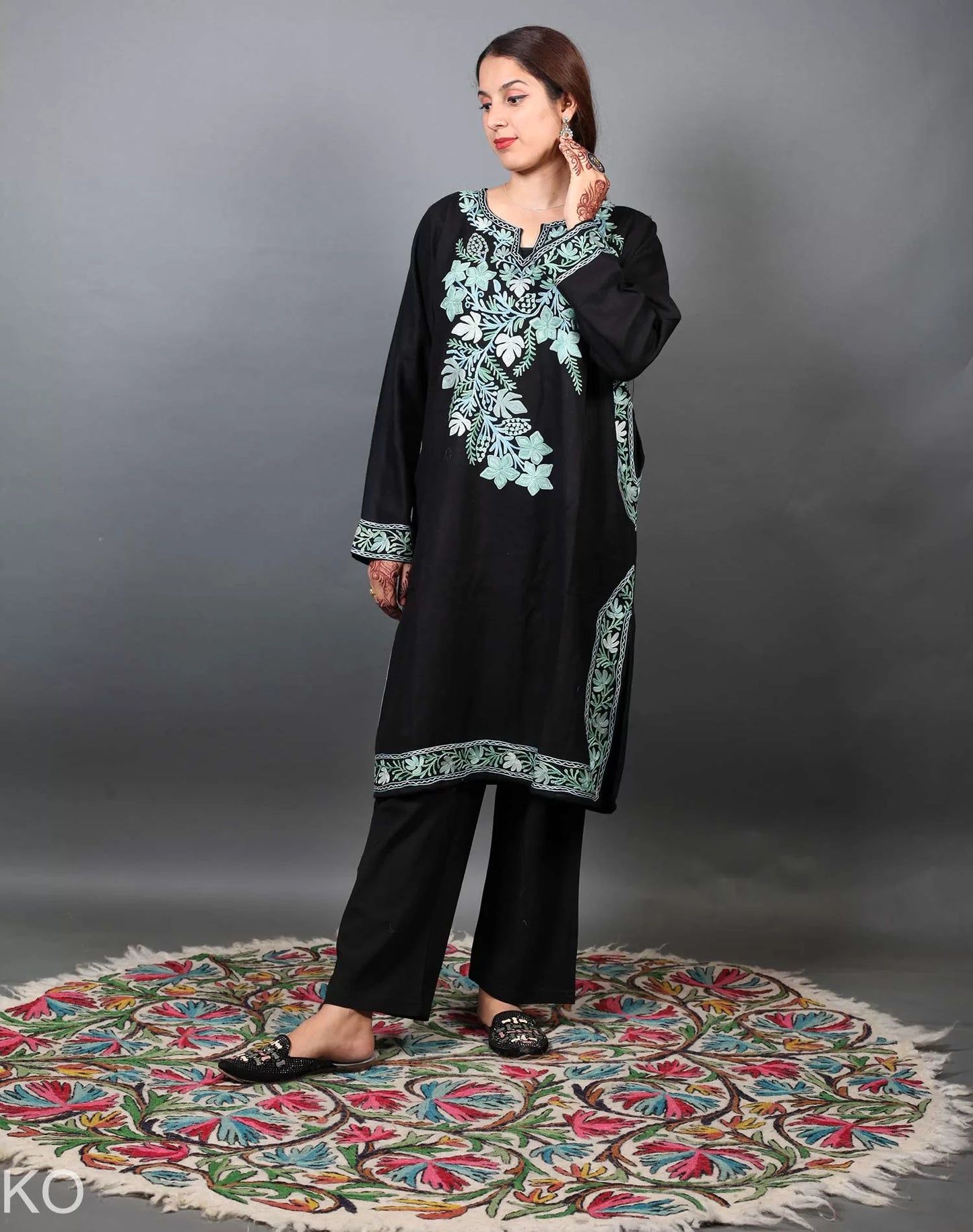 Black and Green Aari Embroidered Phiran