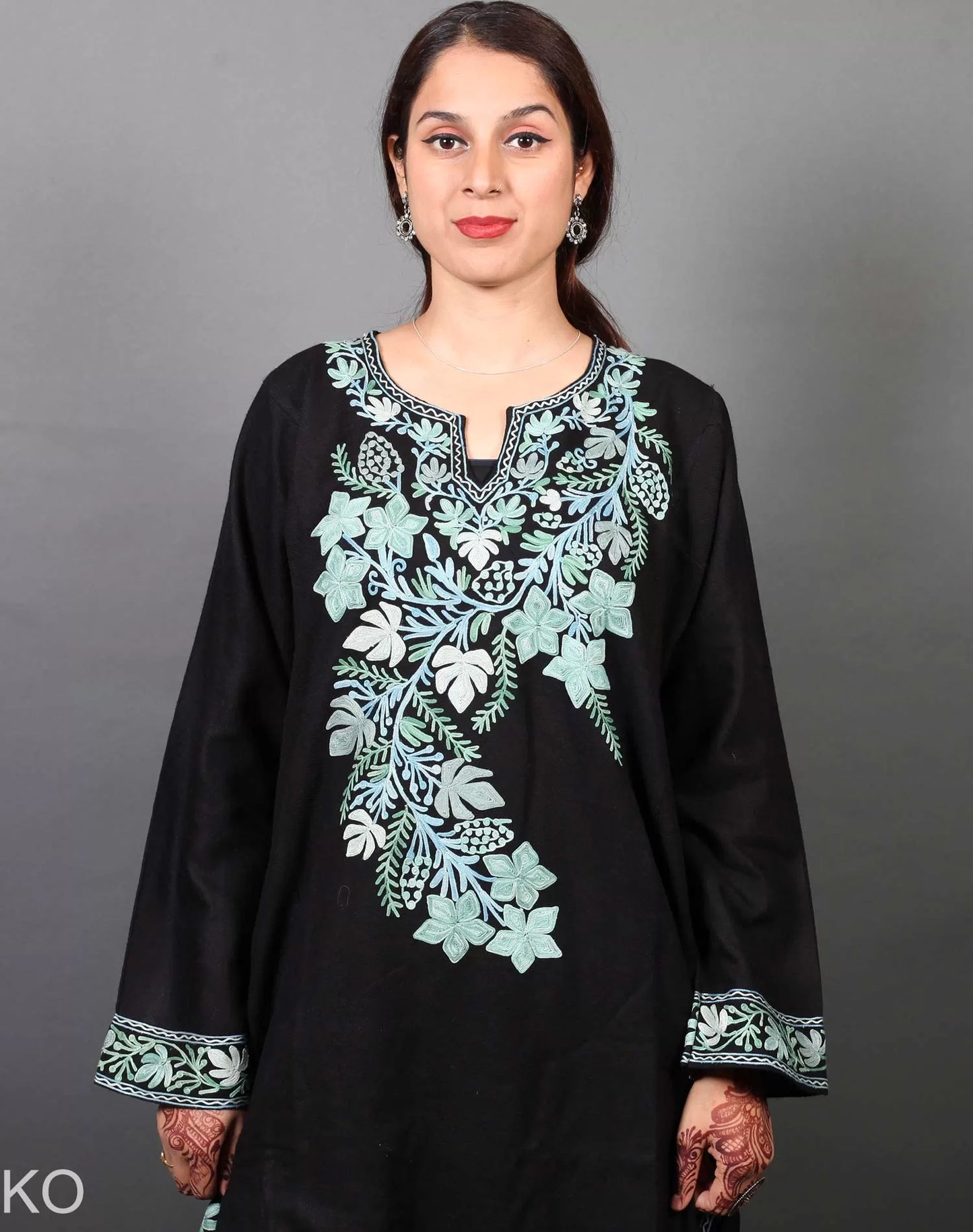 Black and Green Aari Embroidered Phiran