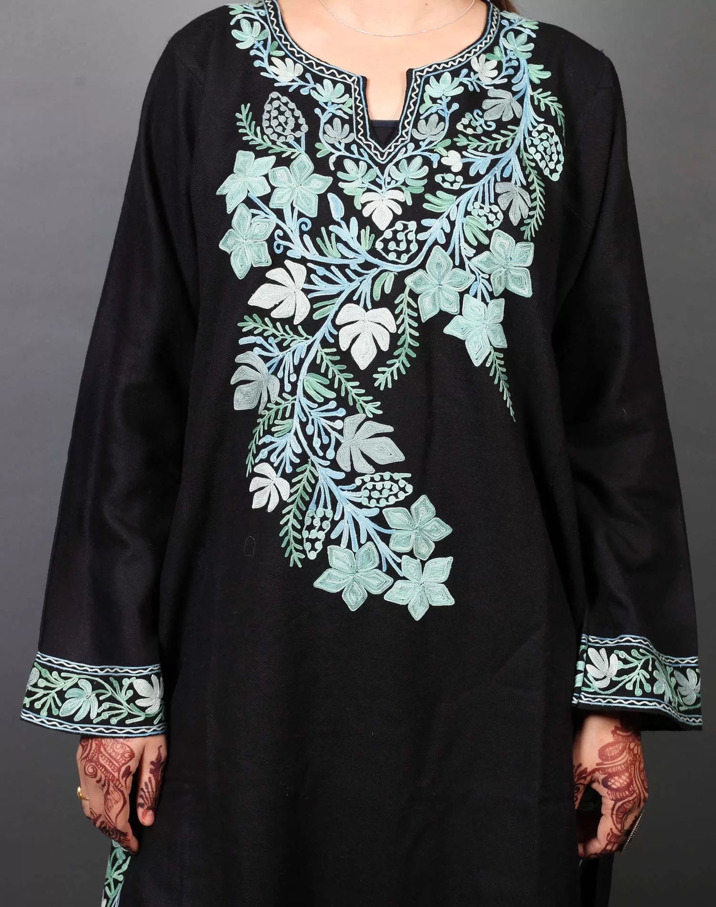 Black and Green Aari Embroidered Phiran