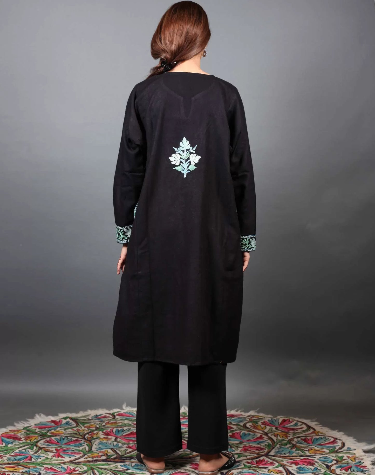 Black and Green Aari Embroidered Phiran