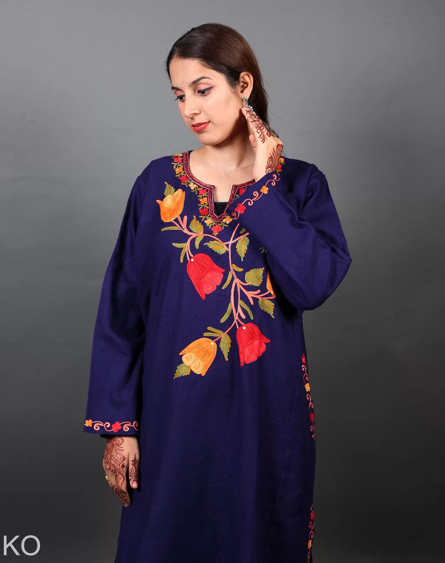 Lotus Design Aari Embroidered Blue Phiran