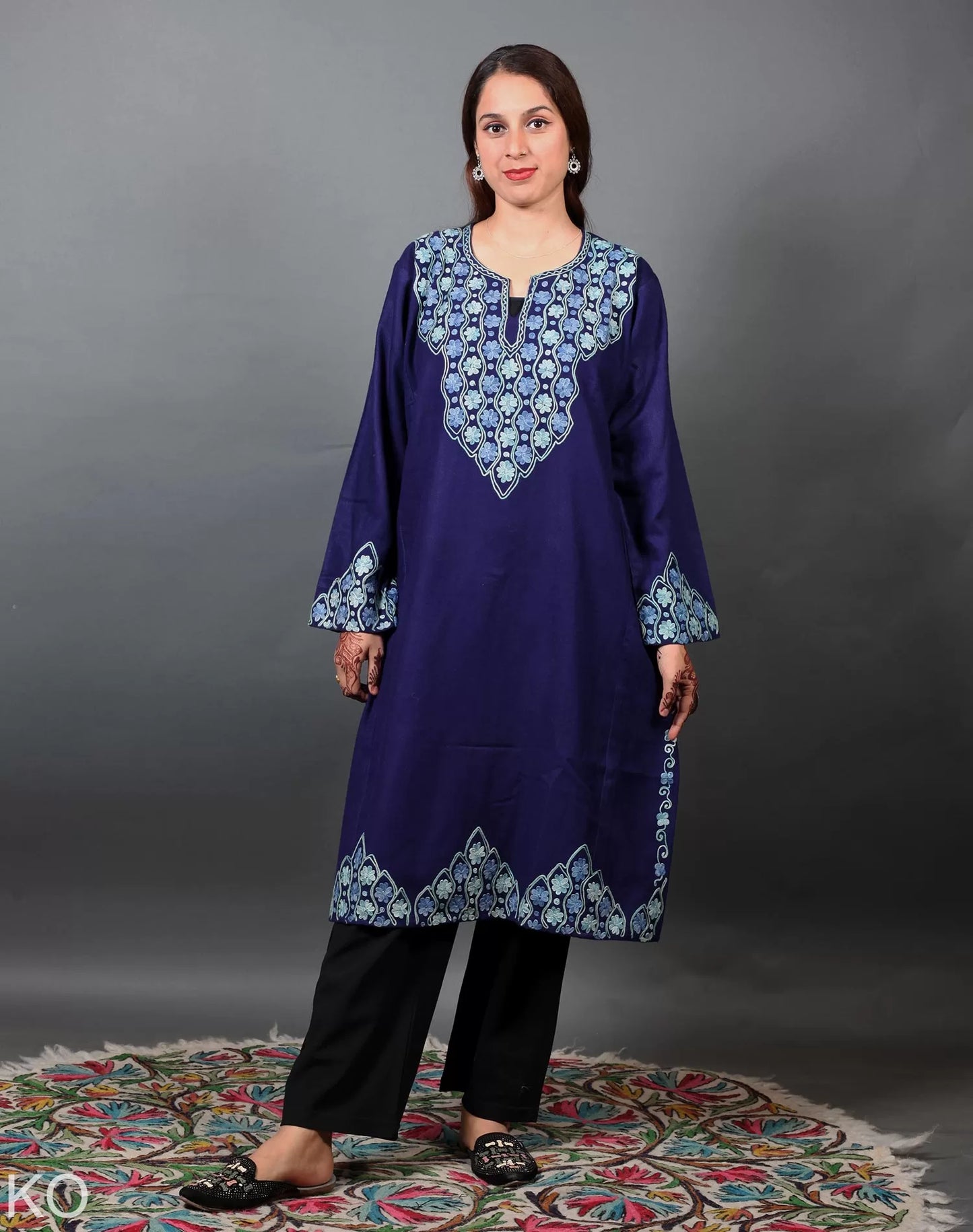 Neck & Border Design Aari Embroidered Blue Phiran