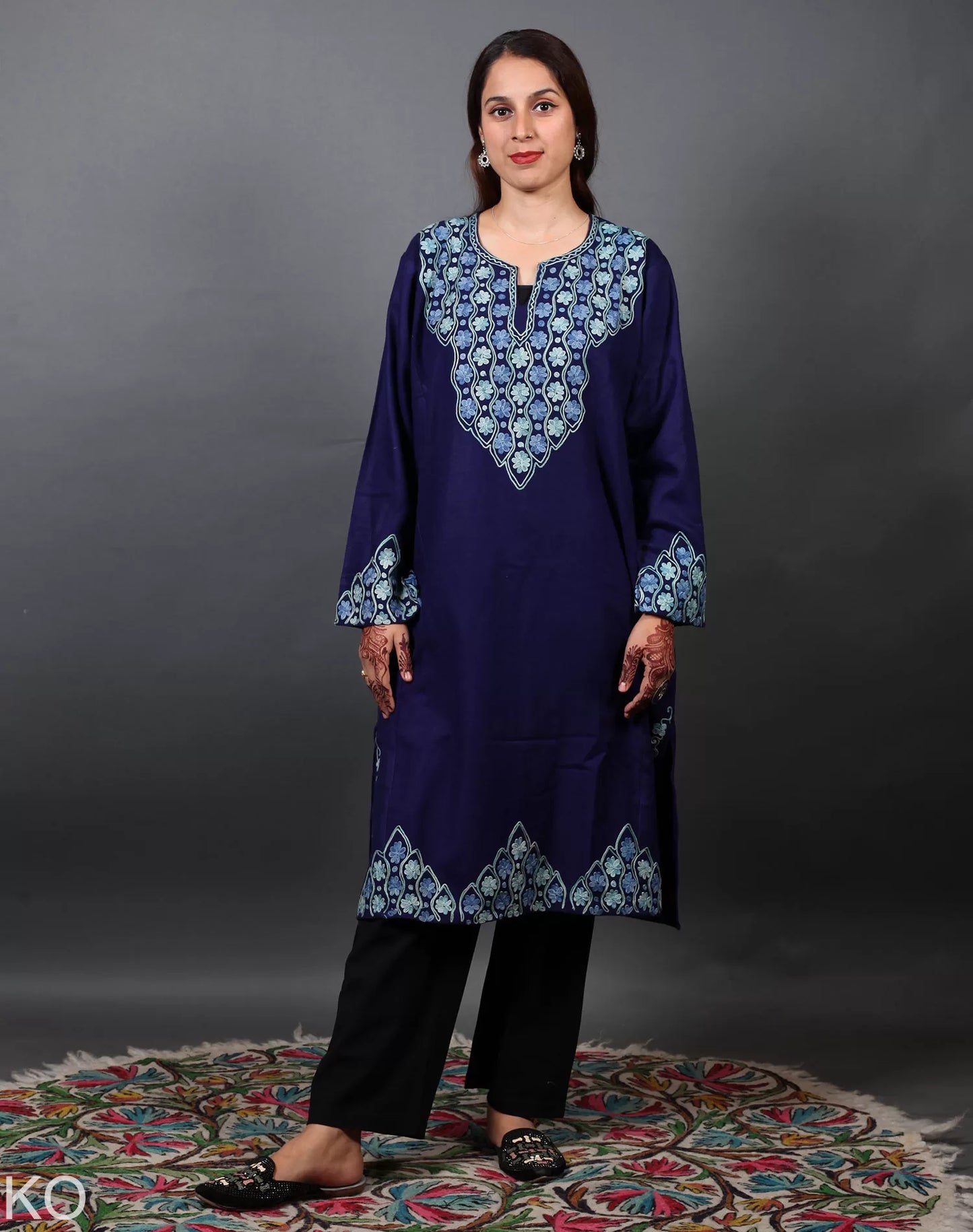 Neck & Border Design Aari Embroidered Blue Phiran