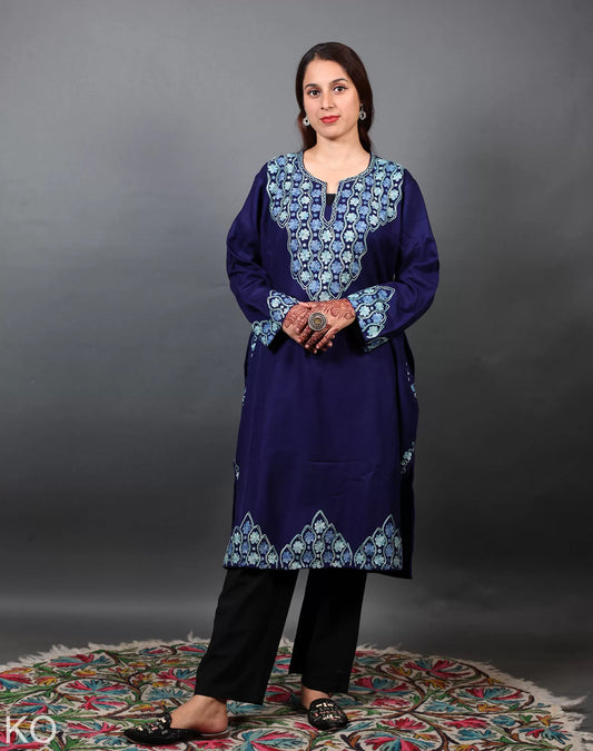 Neck & Border Design Aari Embroidered Blue Phiran