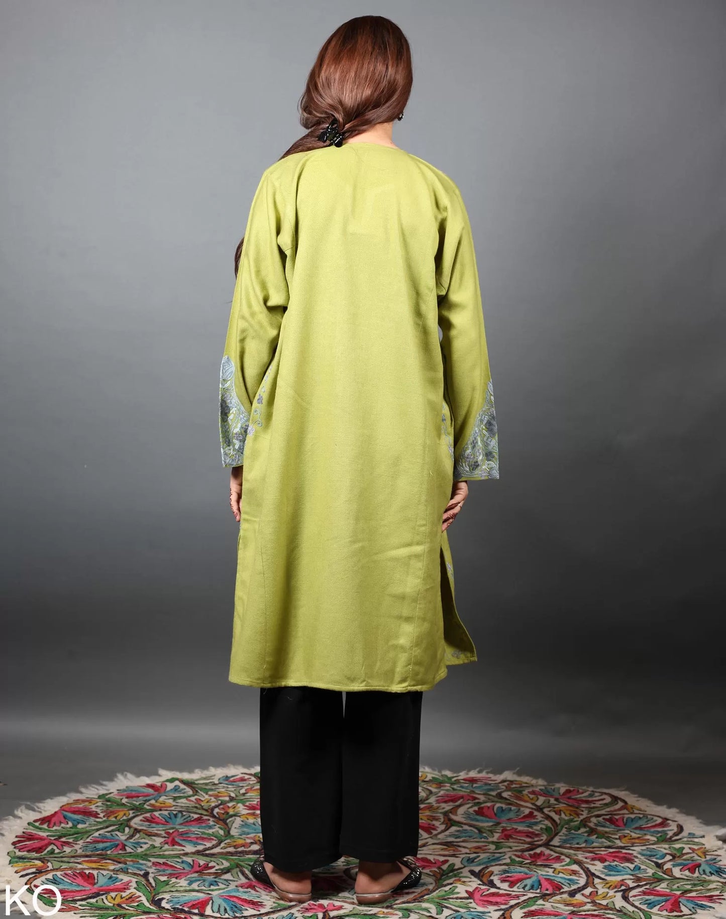 Neck & Bottom Zari Embroidered Light Green Pheran