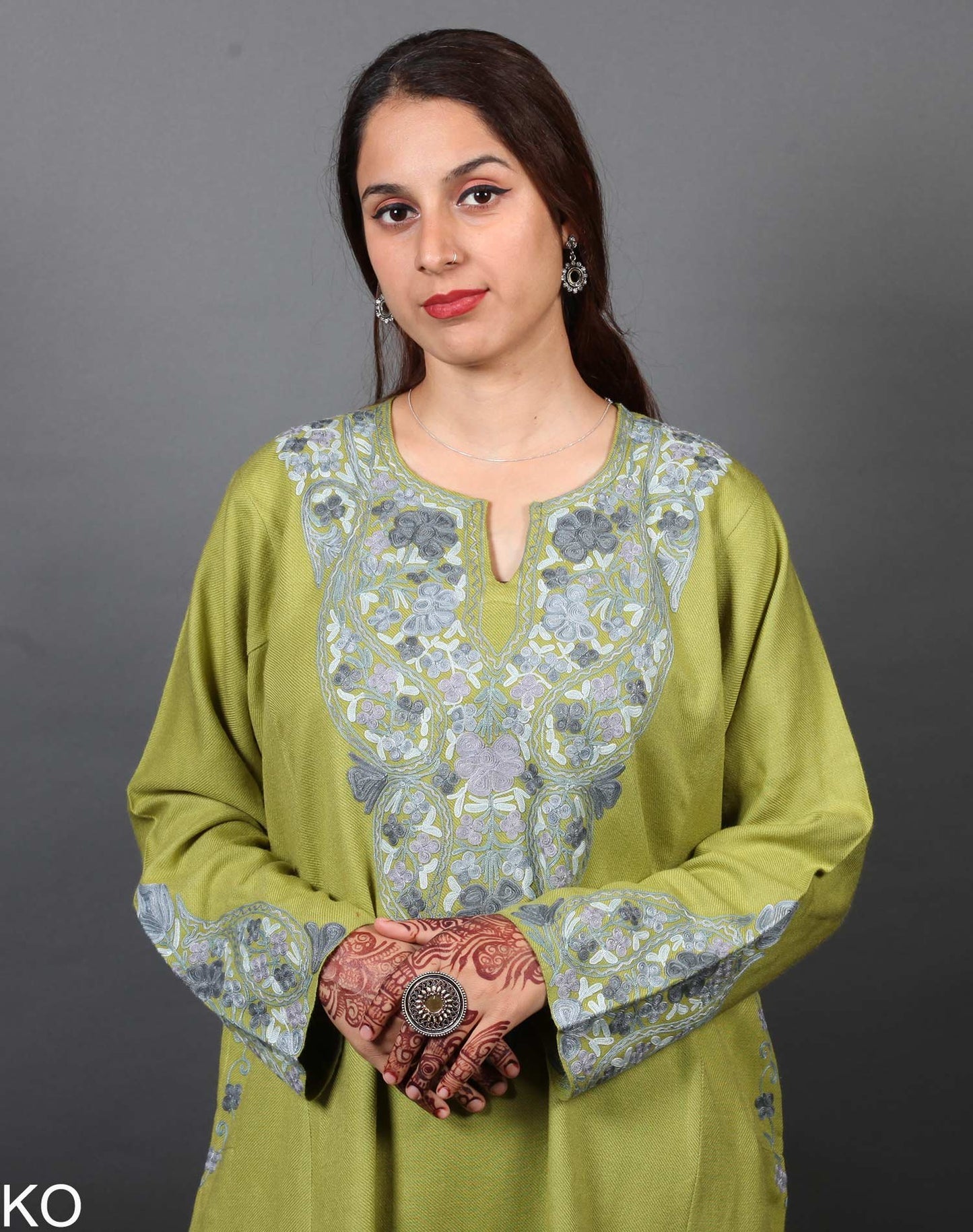 Light Green & Grey Aari Embroidered Phiran