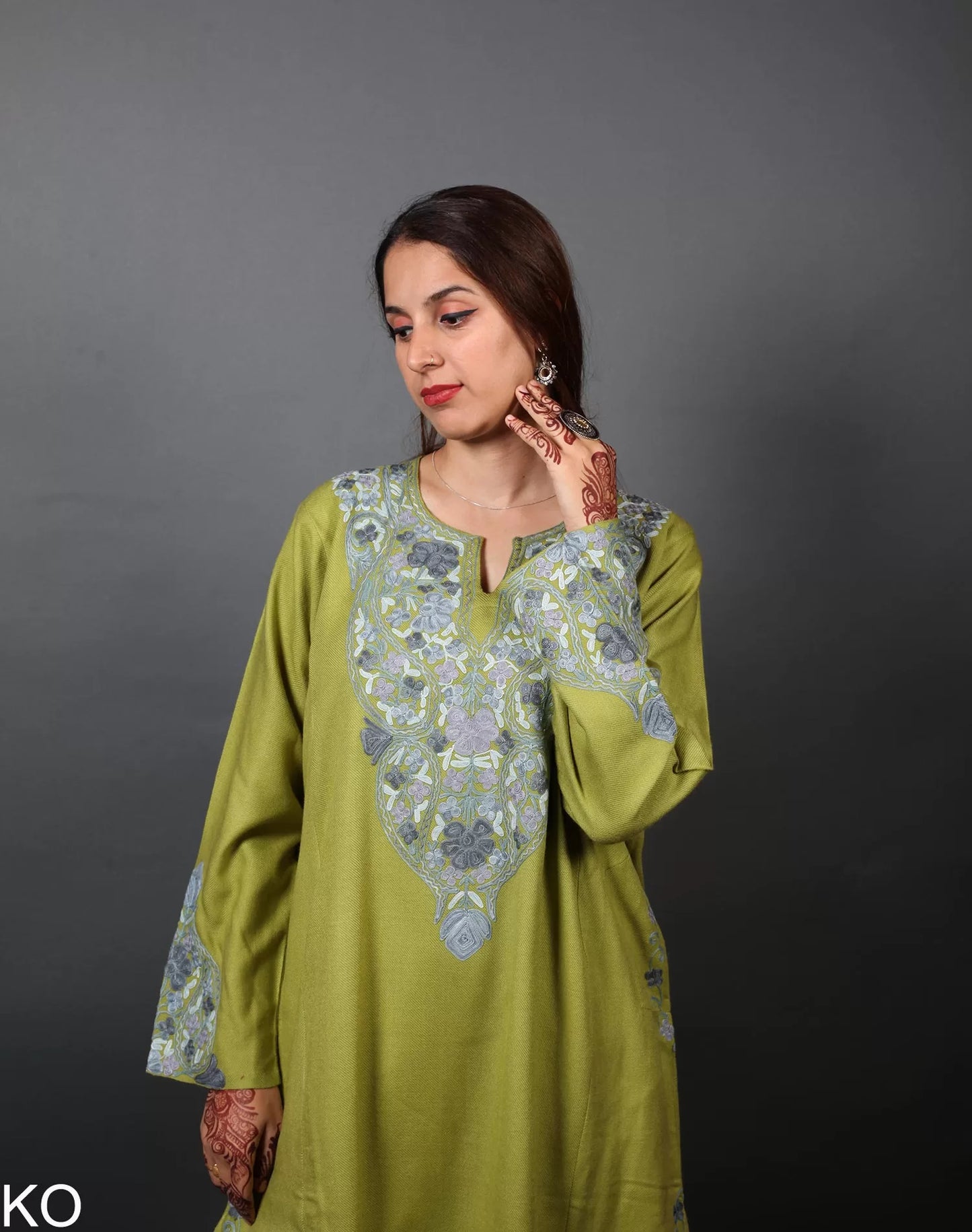 Light Green & Grey Aari Embroidered Phiran