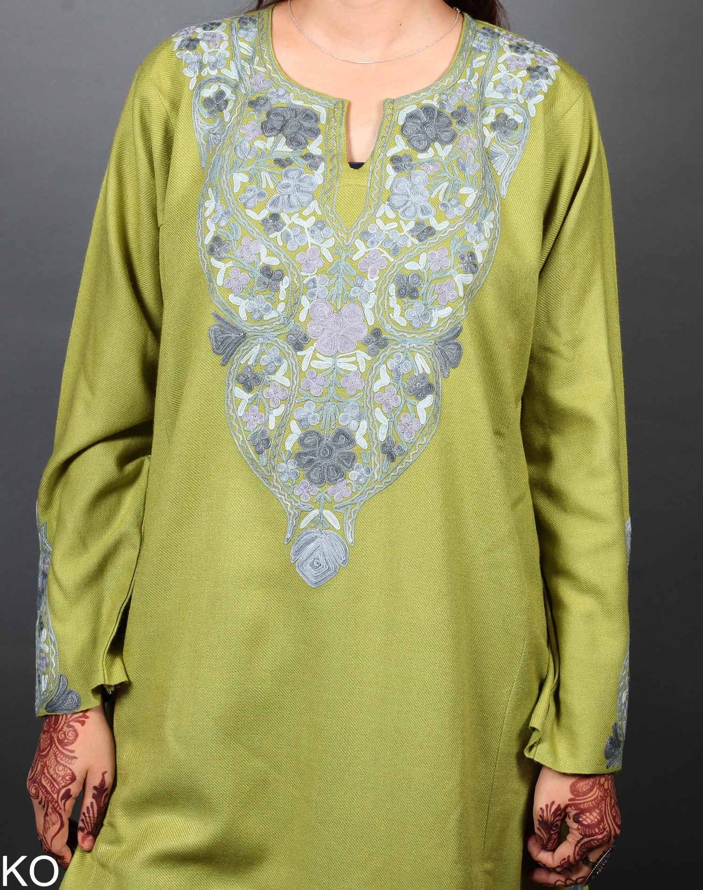 Light Green & Grey Aari Embroidered Phiran