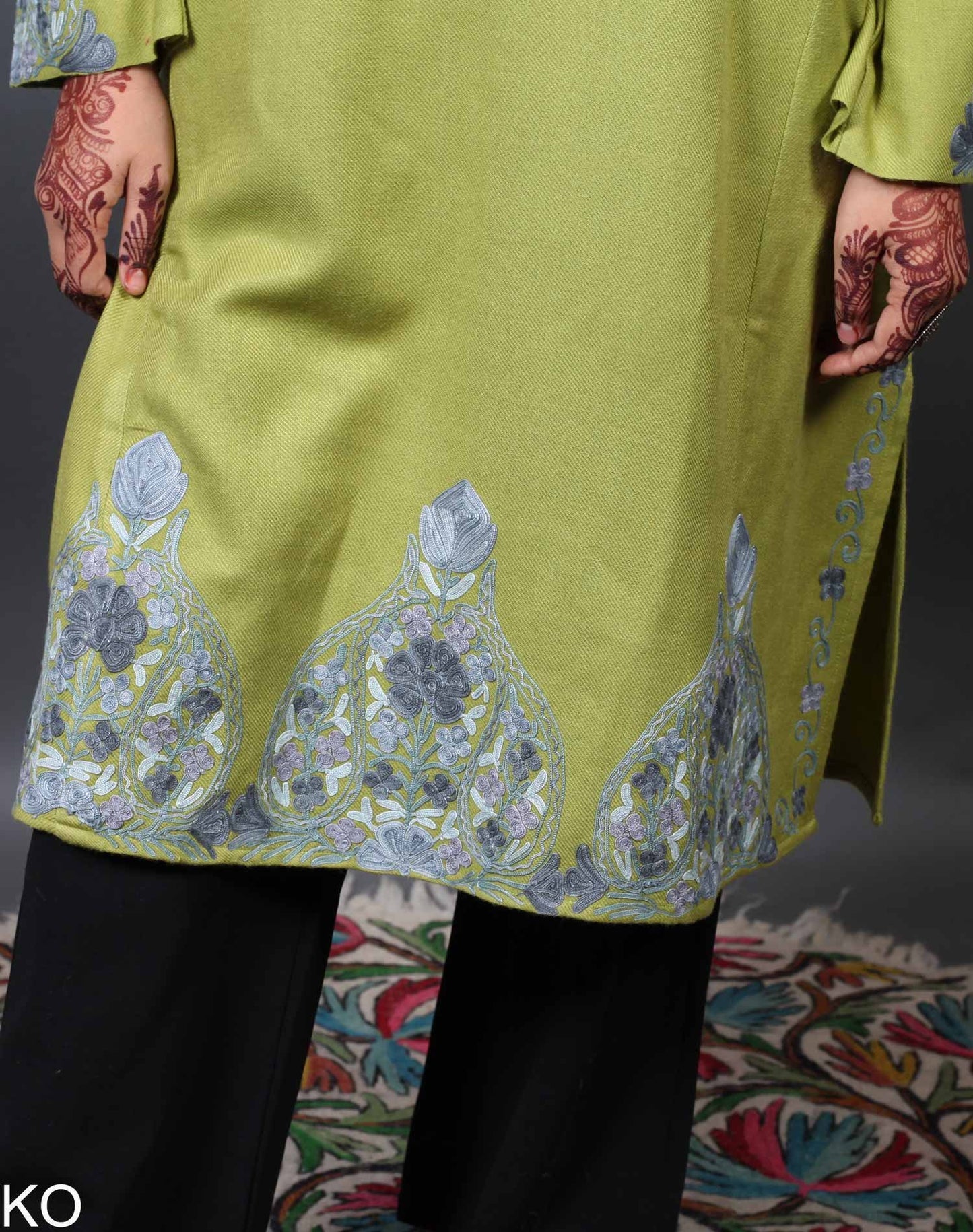 Light Green & Grey Aari Embroidered Phiran