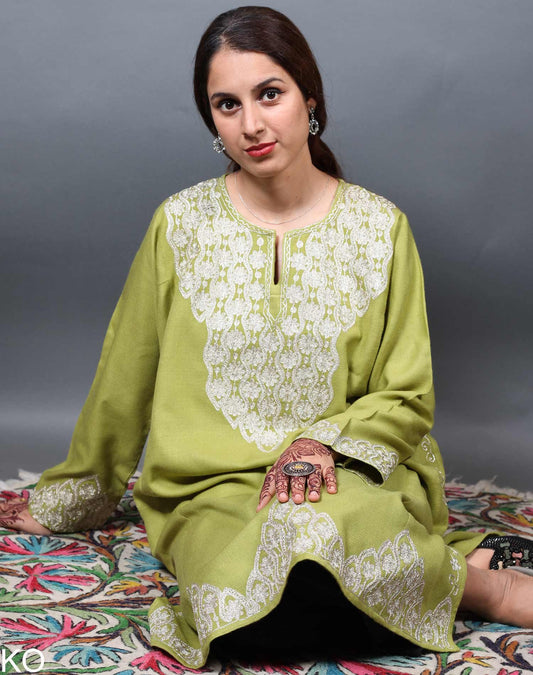 Neck & Bottom Zari Embroidered Light Green Pheran