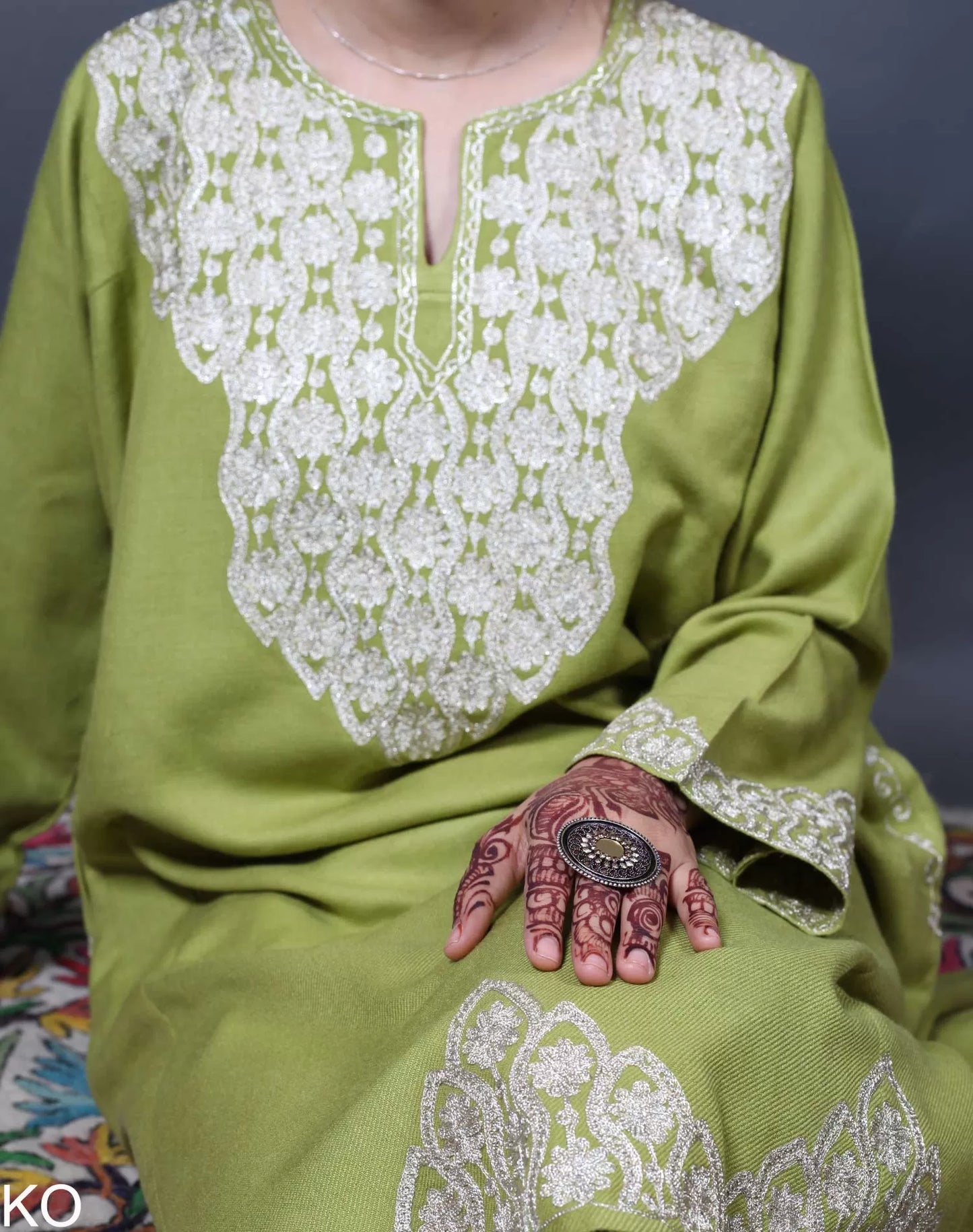 Neck & Bottom Zari Embroidered Light Green Pheran