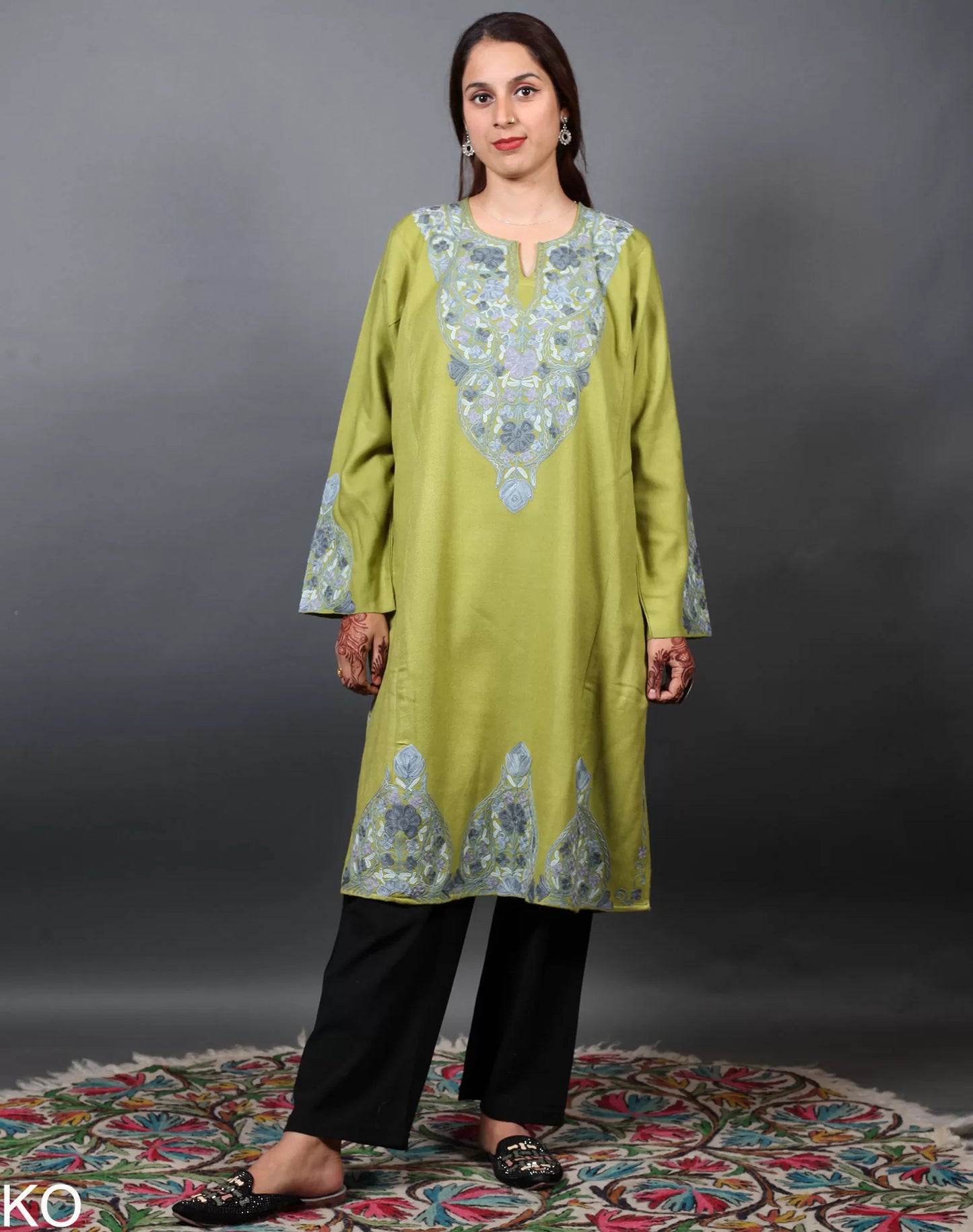 Light Green & Grey Aari Embroidered Phiran