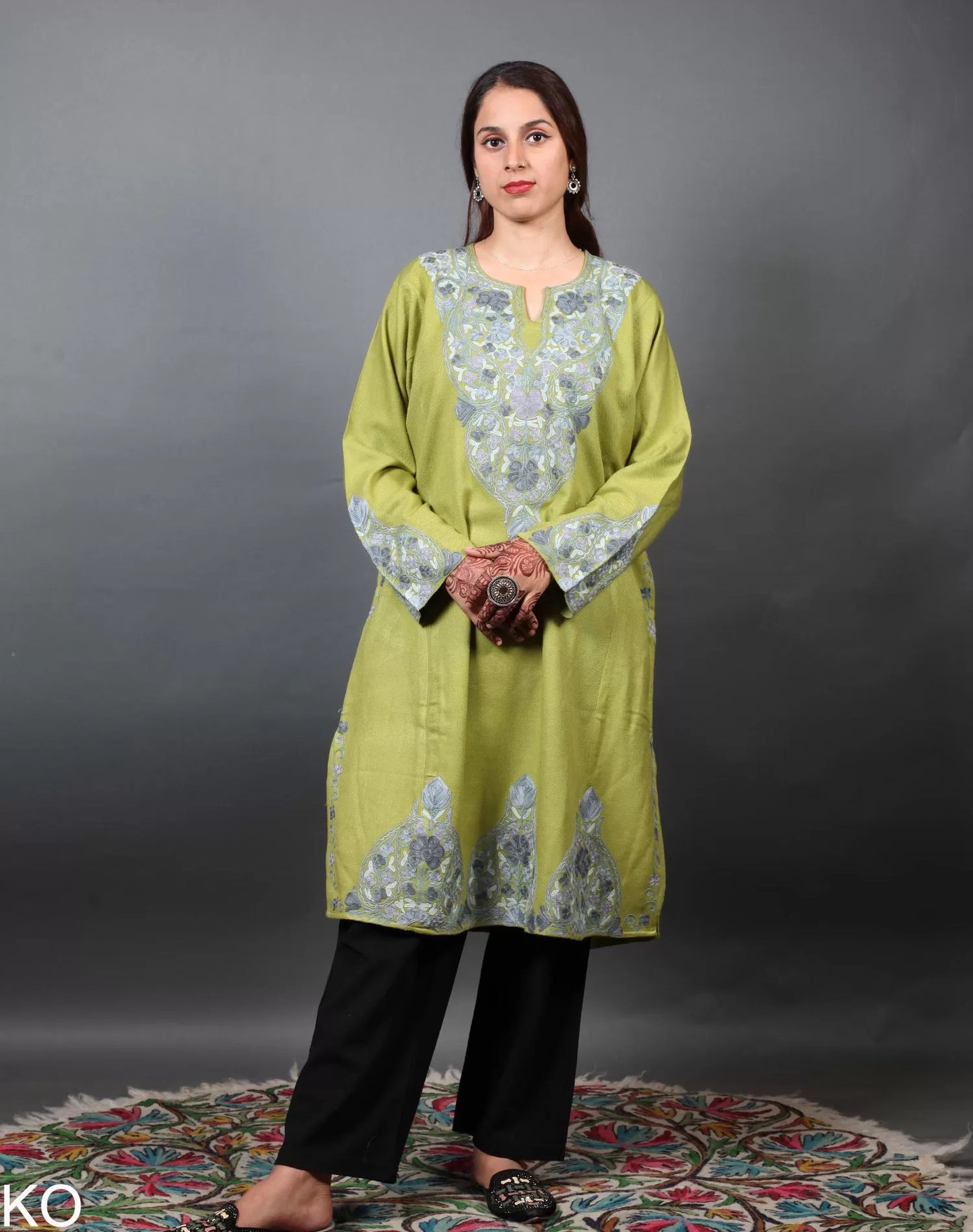 Light Green & Grey Aari Embroidered Phiran