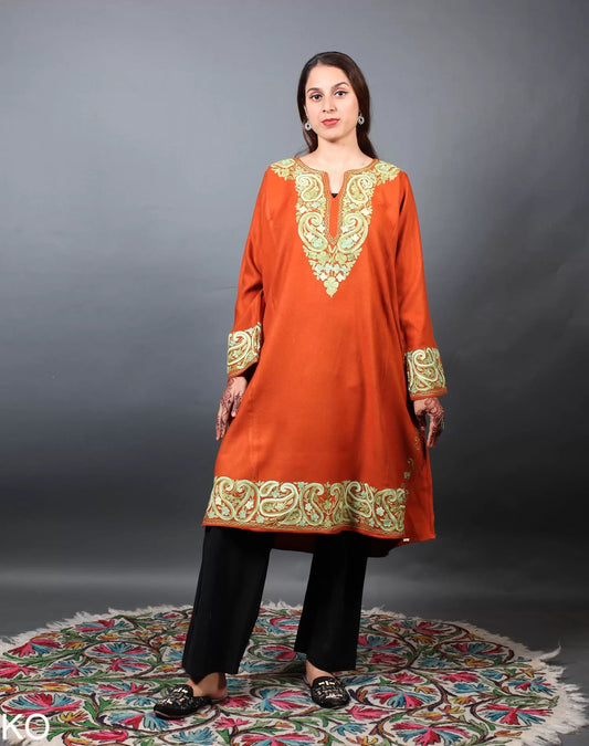 Orange Badam Design Aari Embroidered Phiran