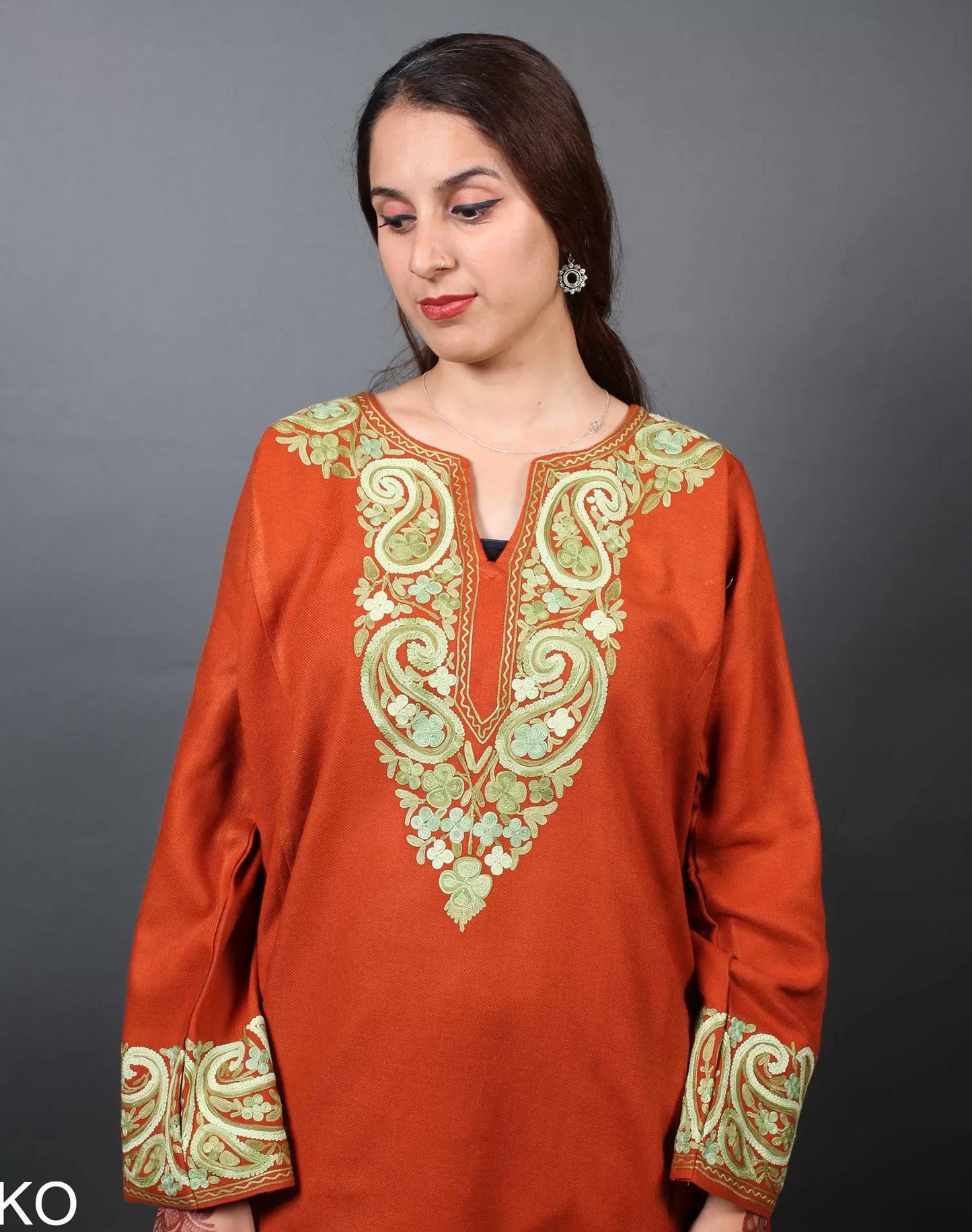 Orange Badam Design Aari Embroidered Phiran