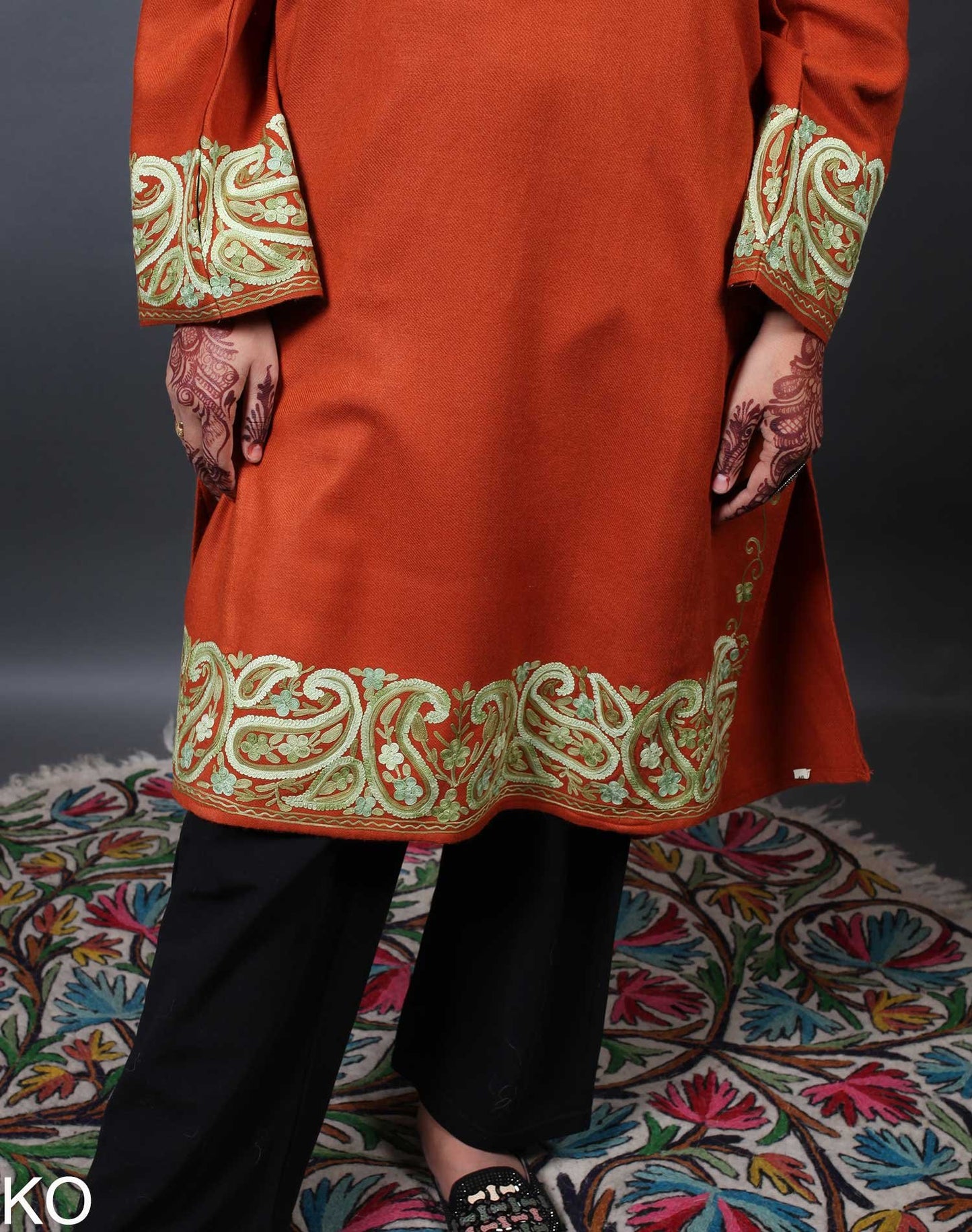 Orange Badam Design Aari Embroidered Phiran