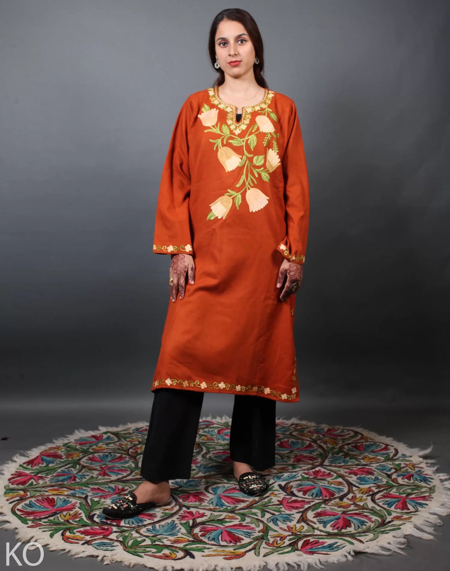 Lotus Design Aari Embroidered Orange Phiran