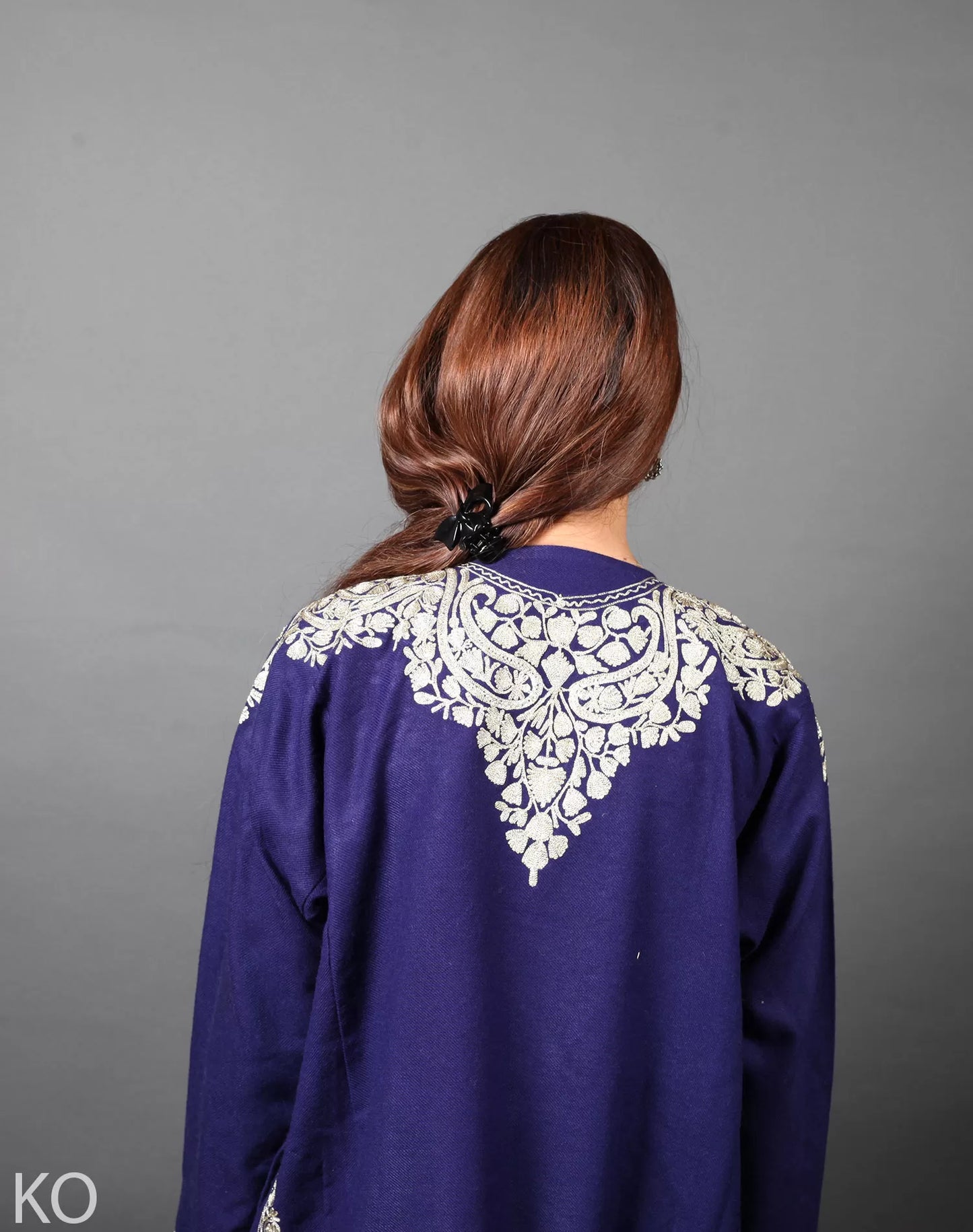 Front Back Zari Embroidered Blue Designer Pheran