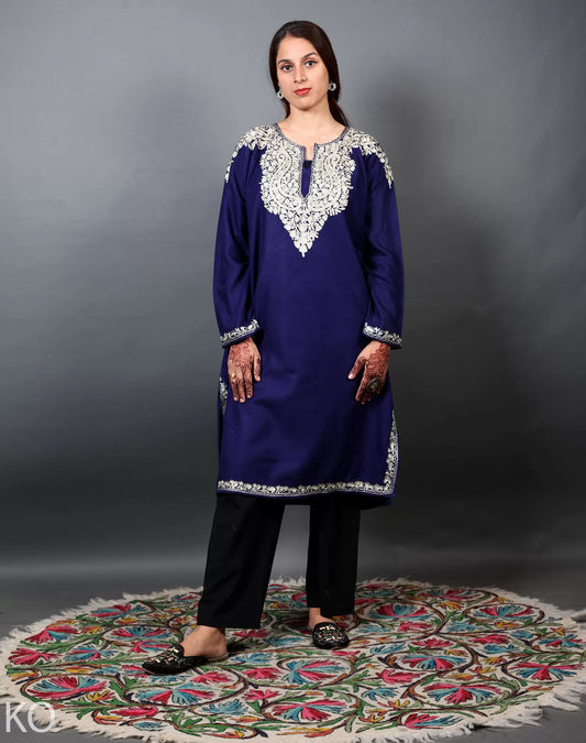 Front Back Zari Embroidered Blue Designer Pheran