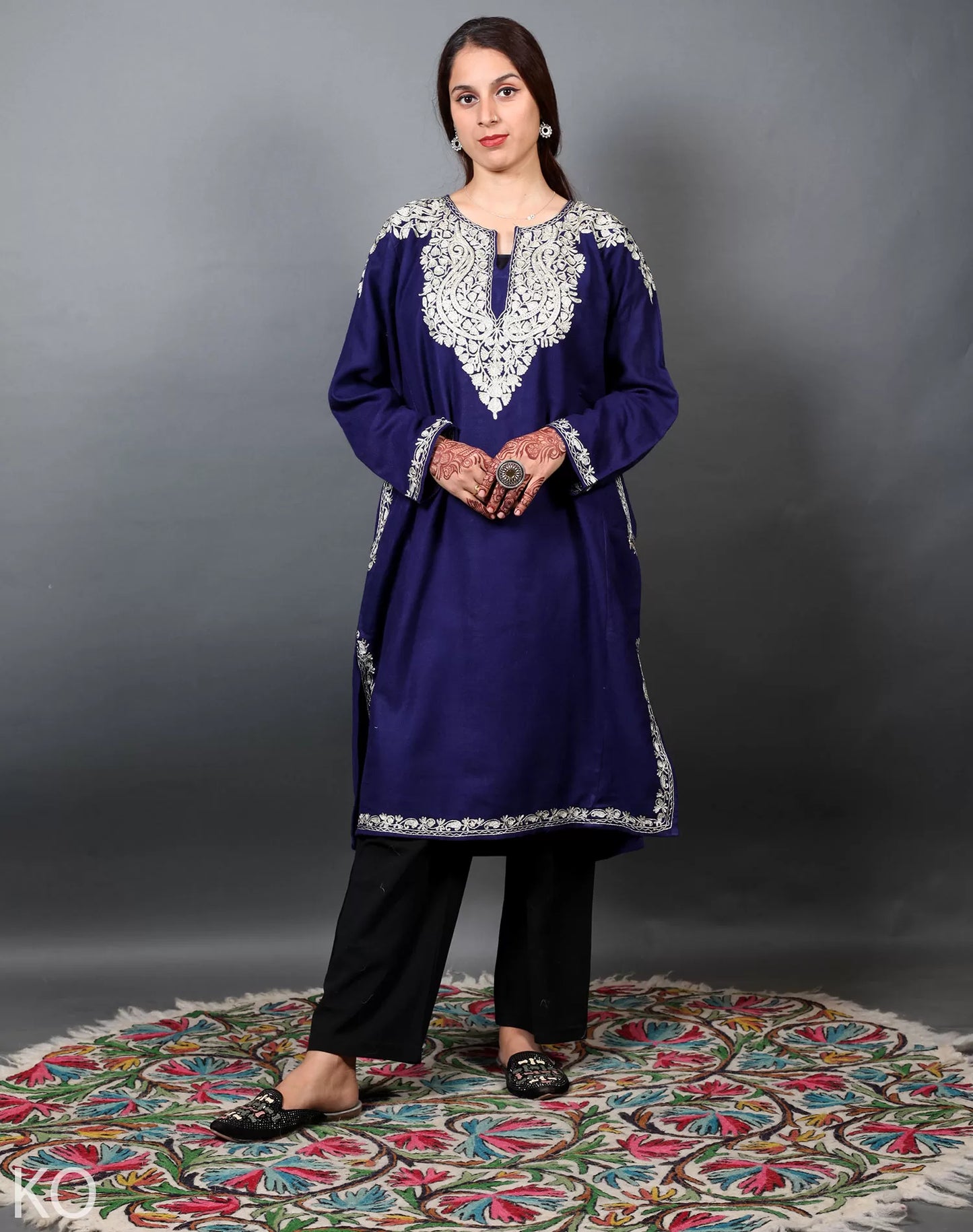 Front Back Zari Embroidered Blue Designer Pheran