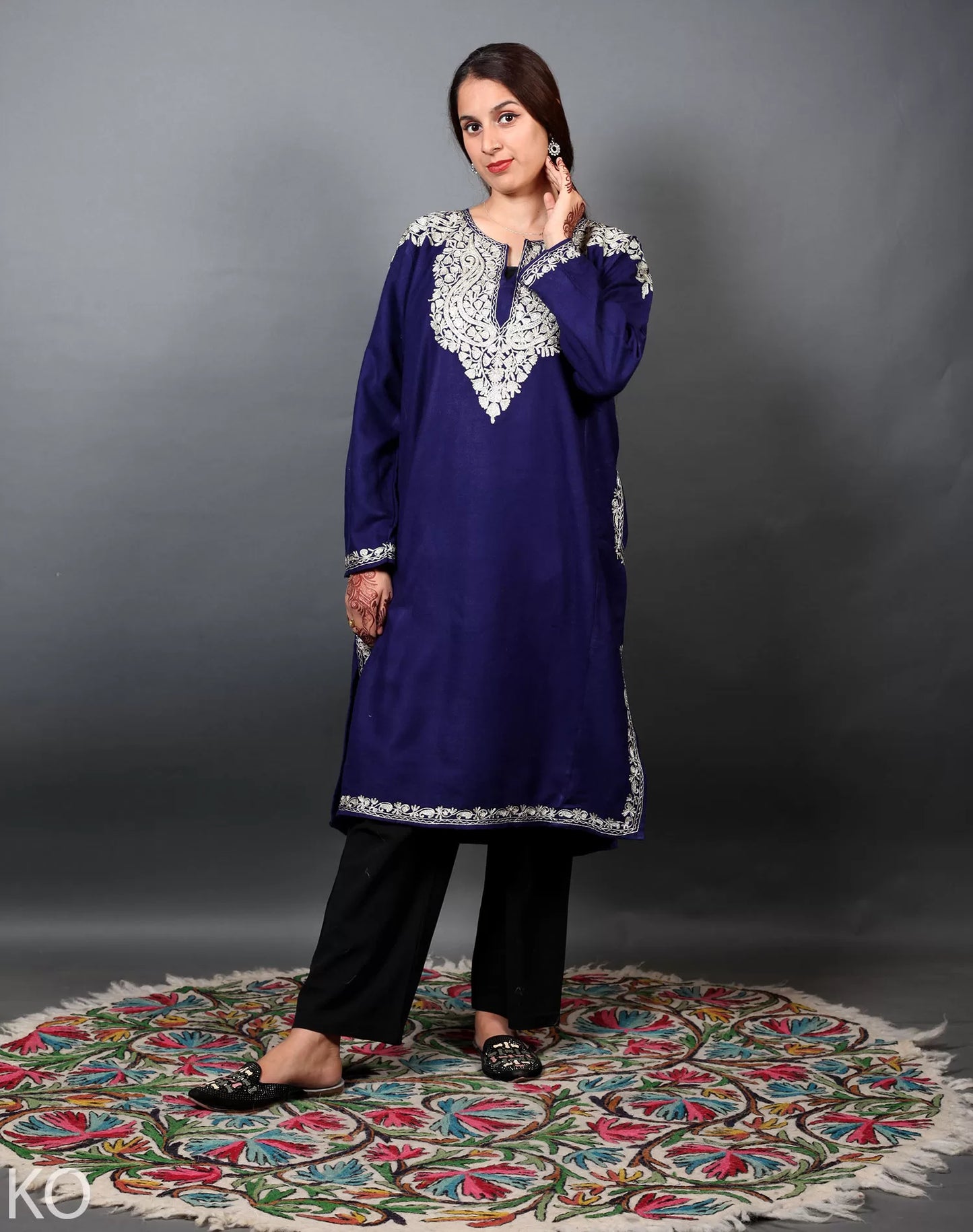 Front Back Zari Embroidered Blue Designer Pheran