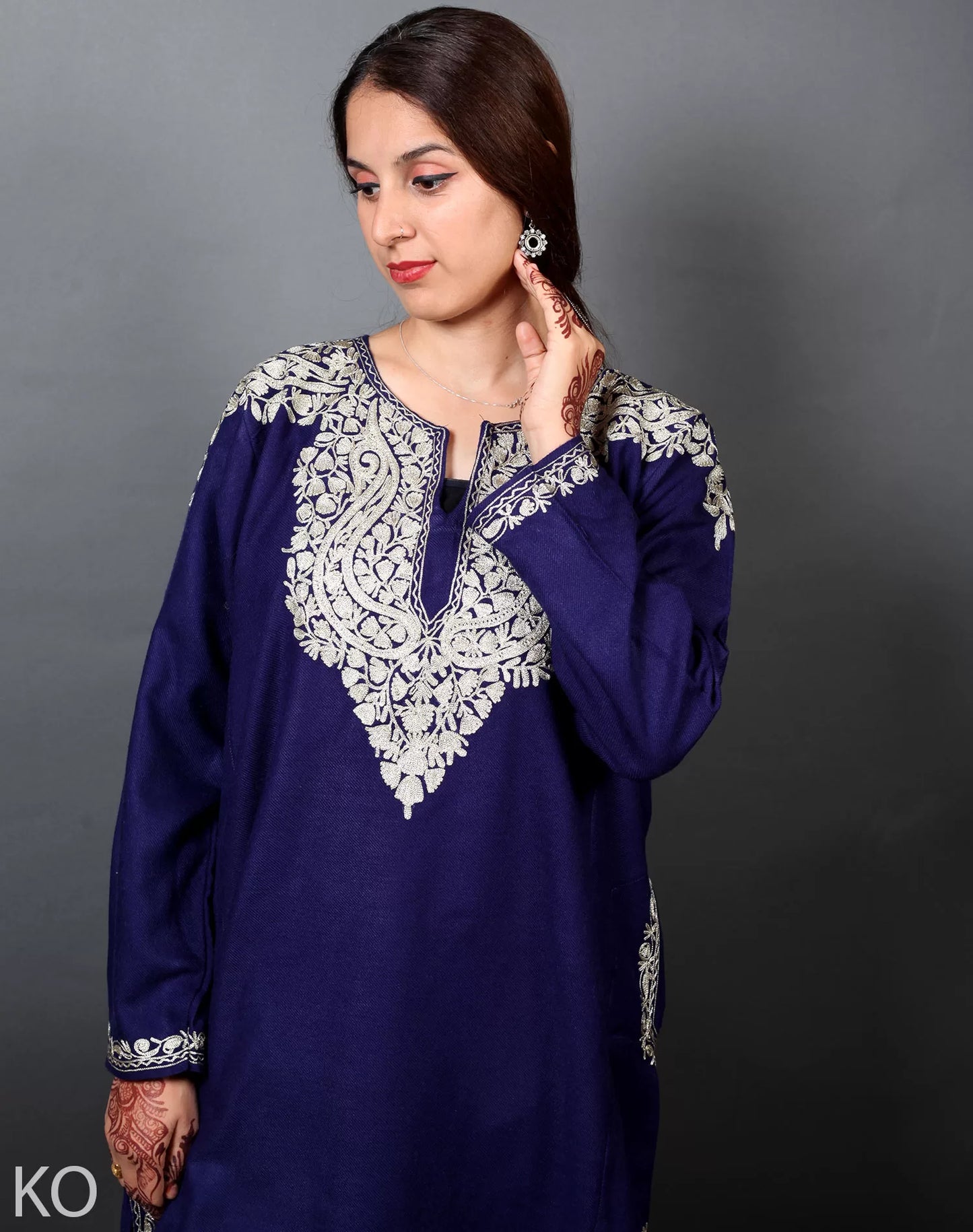 Front Back Zari Embroidered Blue Designer Pheran