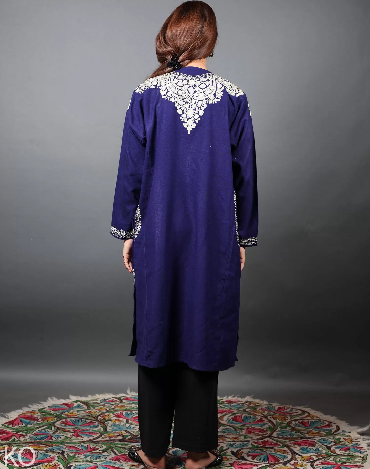 Front Back Zari Embroidered Blue Designer Pheran