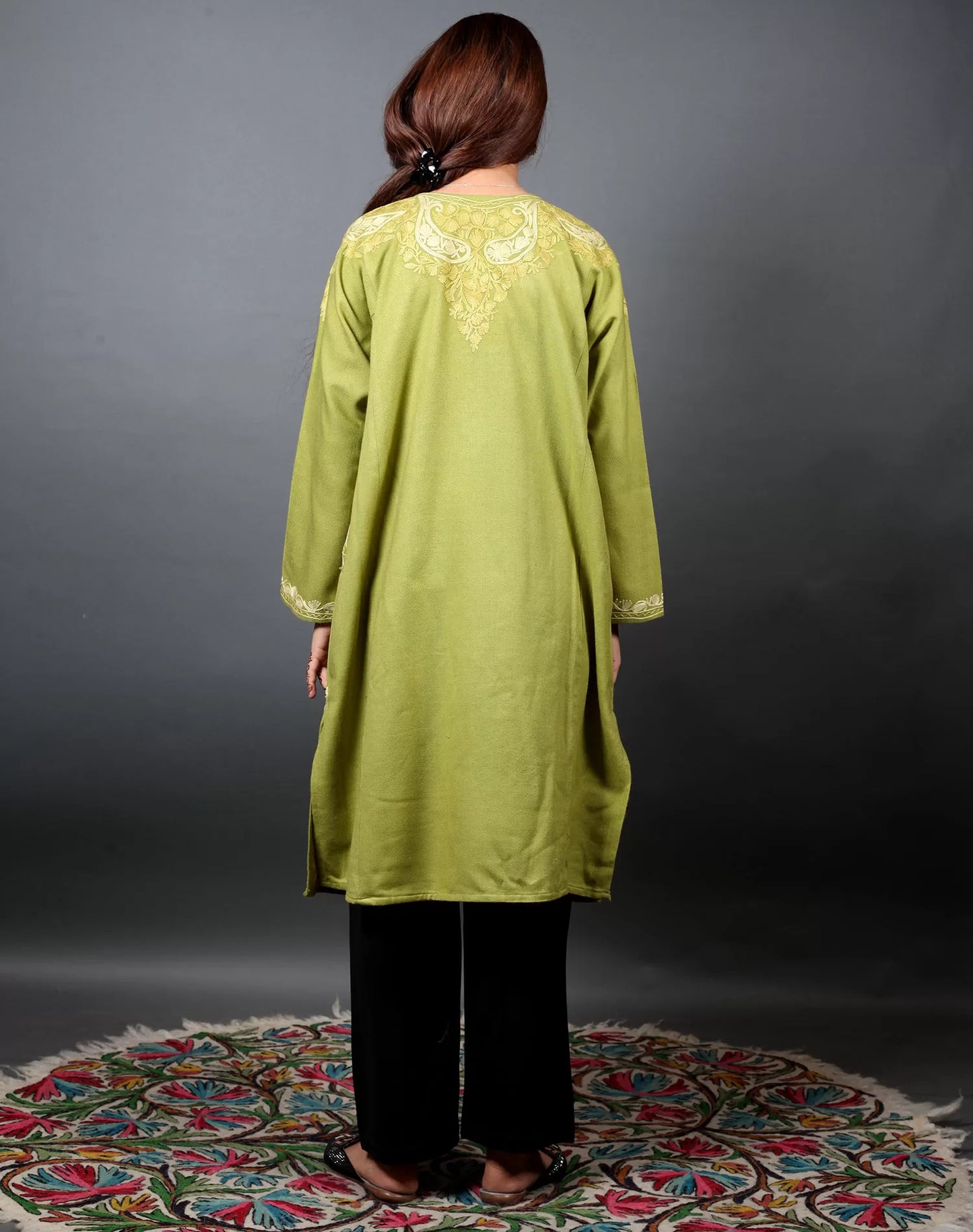 Front Back Light Green Aari Embroidered Phiran