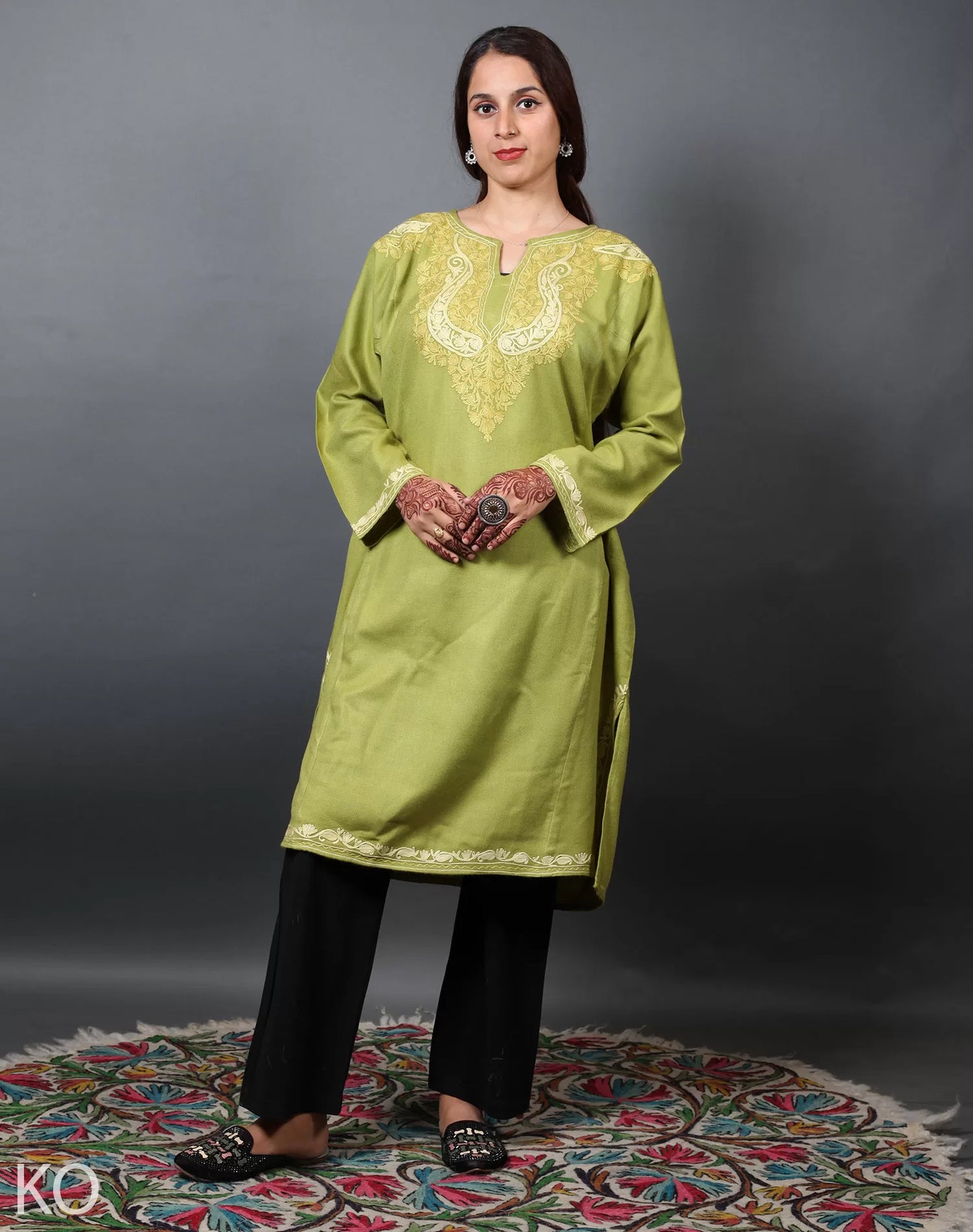 Front Back Light Green Aari Embroidered Phiran