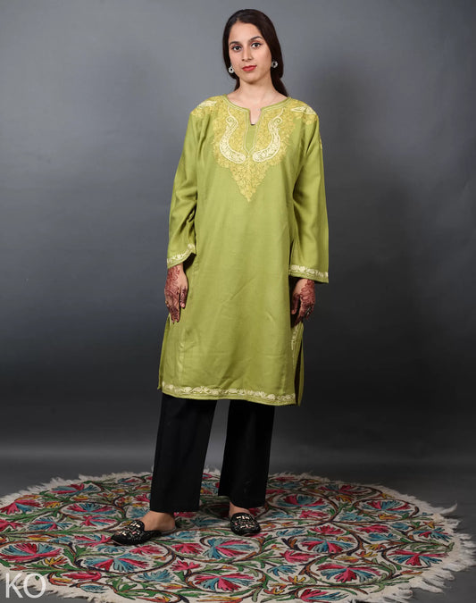 Front Back Light Green Aari Embroidered Phiran