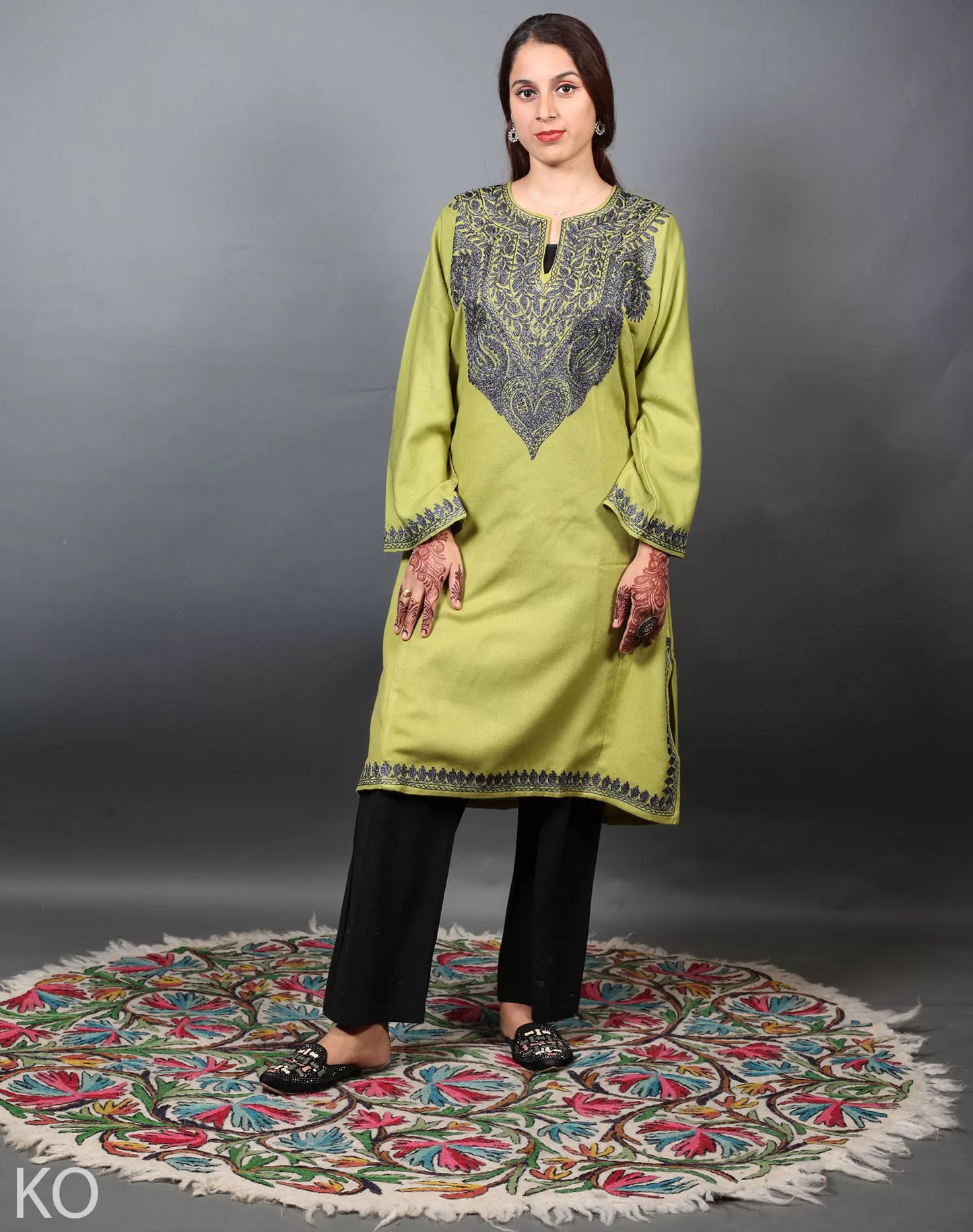 Light Green Zari Embroidered Kashmiri Pharen Dress