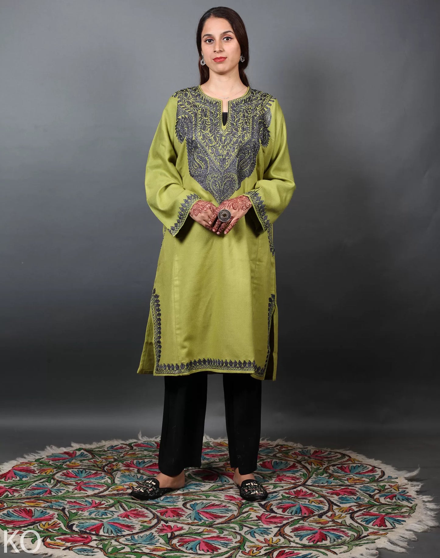 Light Green Zari Embroidered Kashmiri Pharen Dress