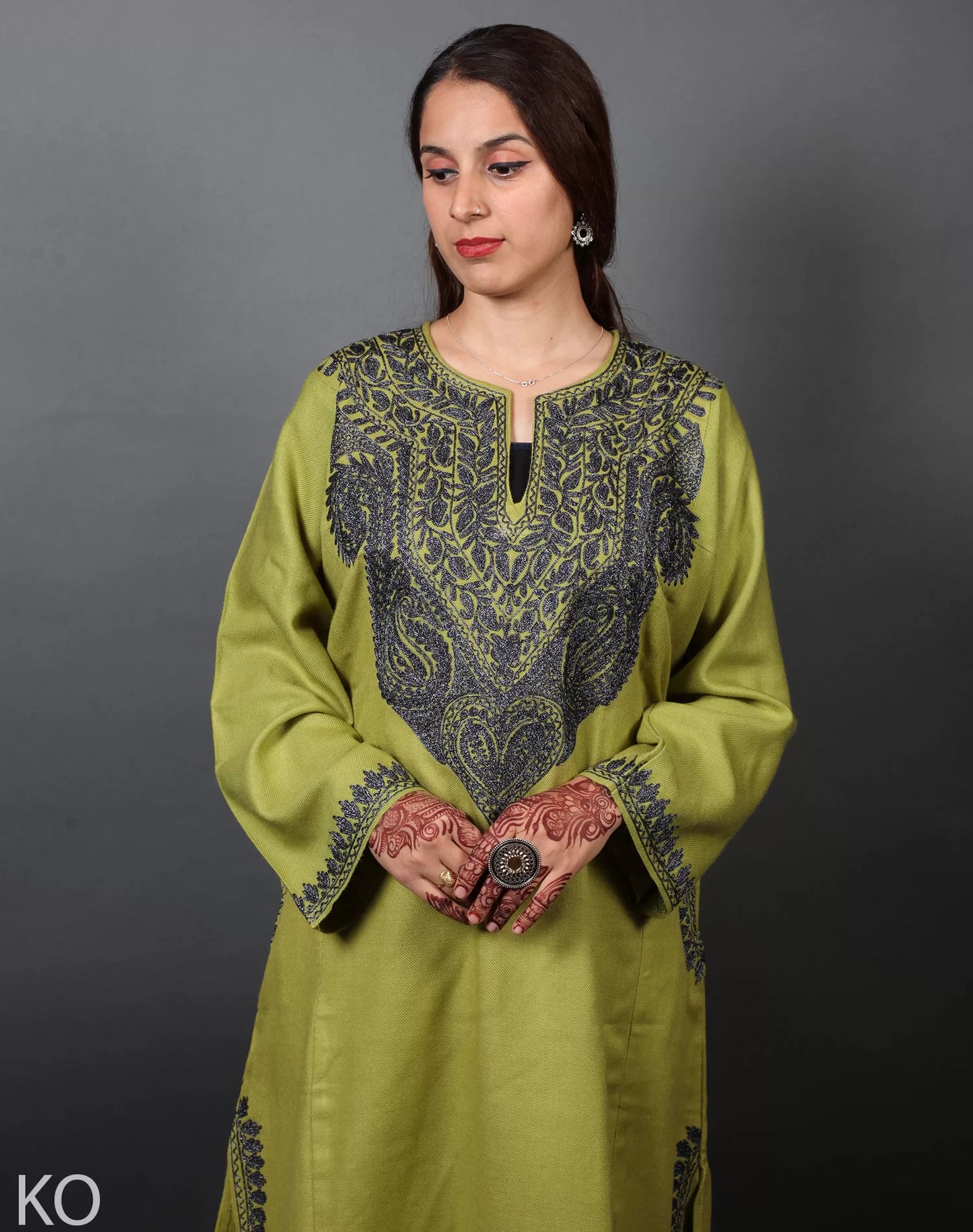 Light Green Zari Embroidered Kashmiri Pharen Dress