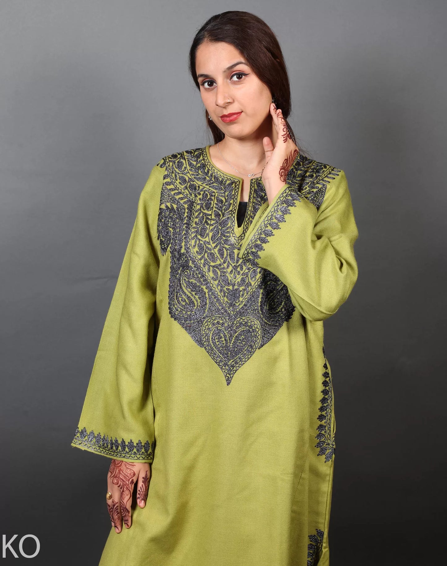 Light Green Zari Embroidered Kashmiri Pharen Dress