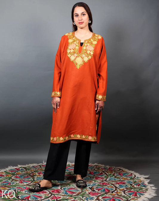 Orange Flower Design Aari Embroidered Phiran