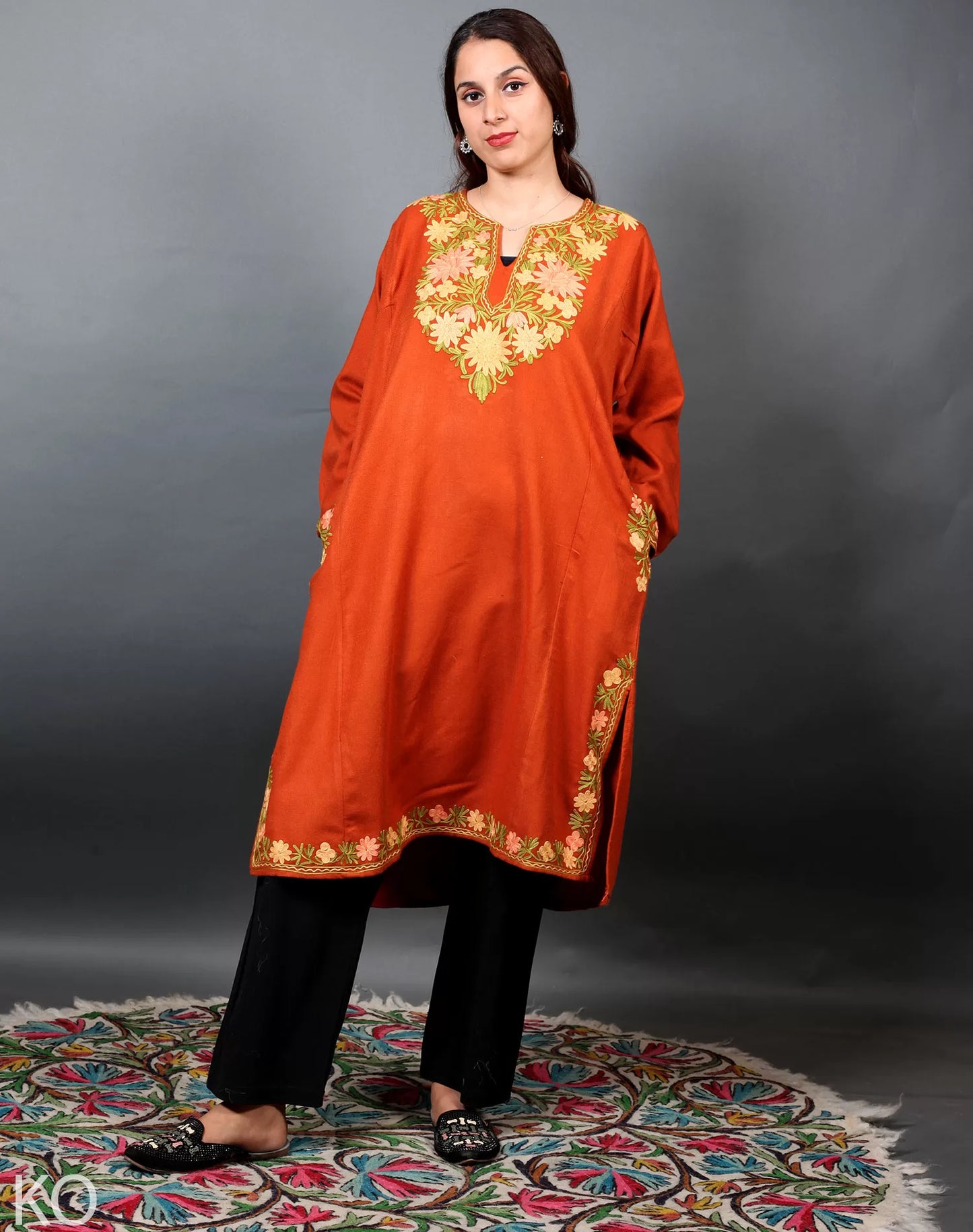 Orange Flower Design Aari Embroidered Phiran