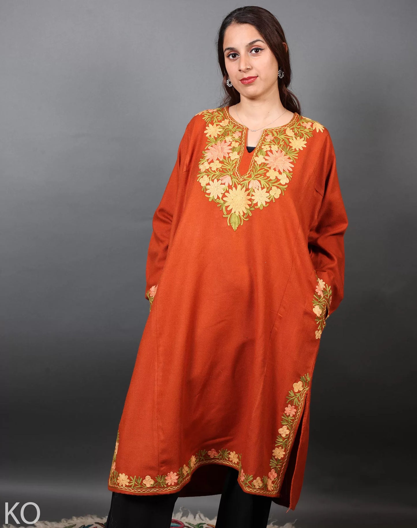 Orange Flower Design Aari Embroidered Phiran