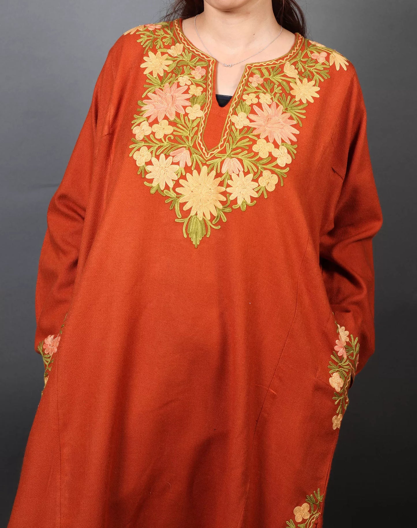 Orange Flower Design Aari Embroidered Phiran