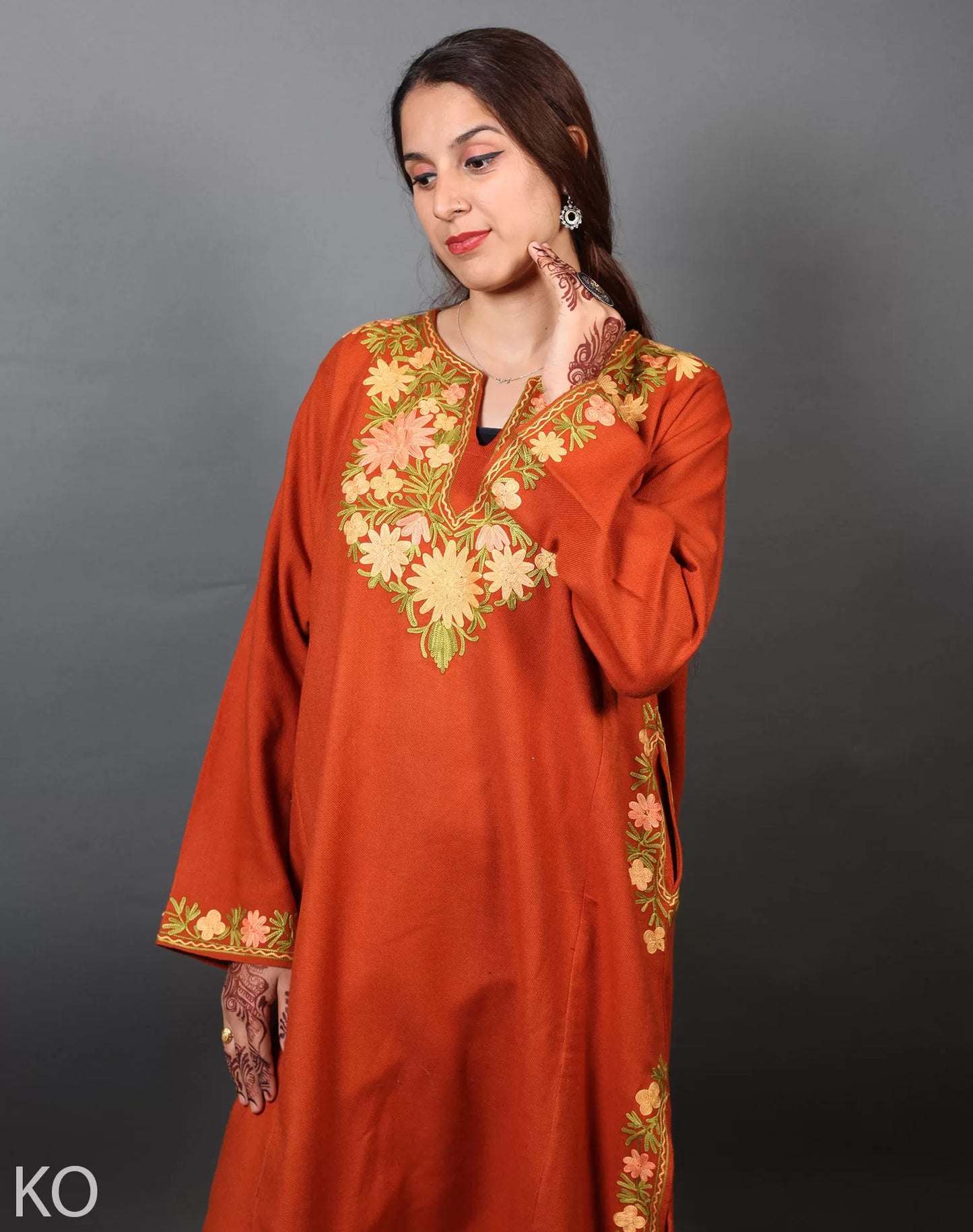 Orange Flower Design Aari Embroidered Phiran