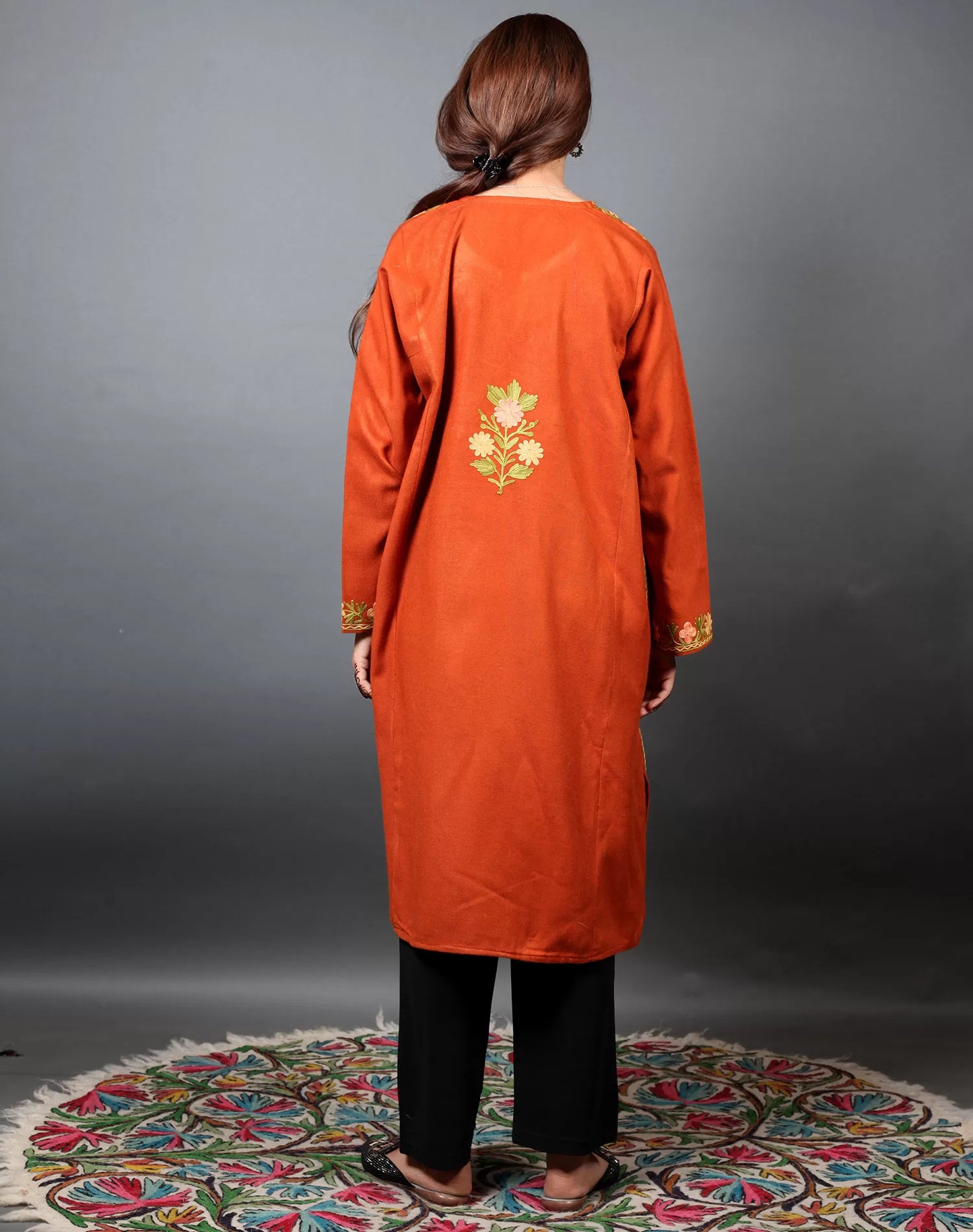 Orange Flower Design Aari Embroidered Phiran