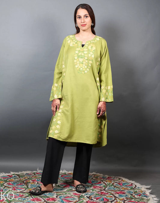 Fish Neck & Side Design Light Green Aari Embroidered Phiran